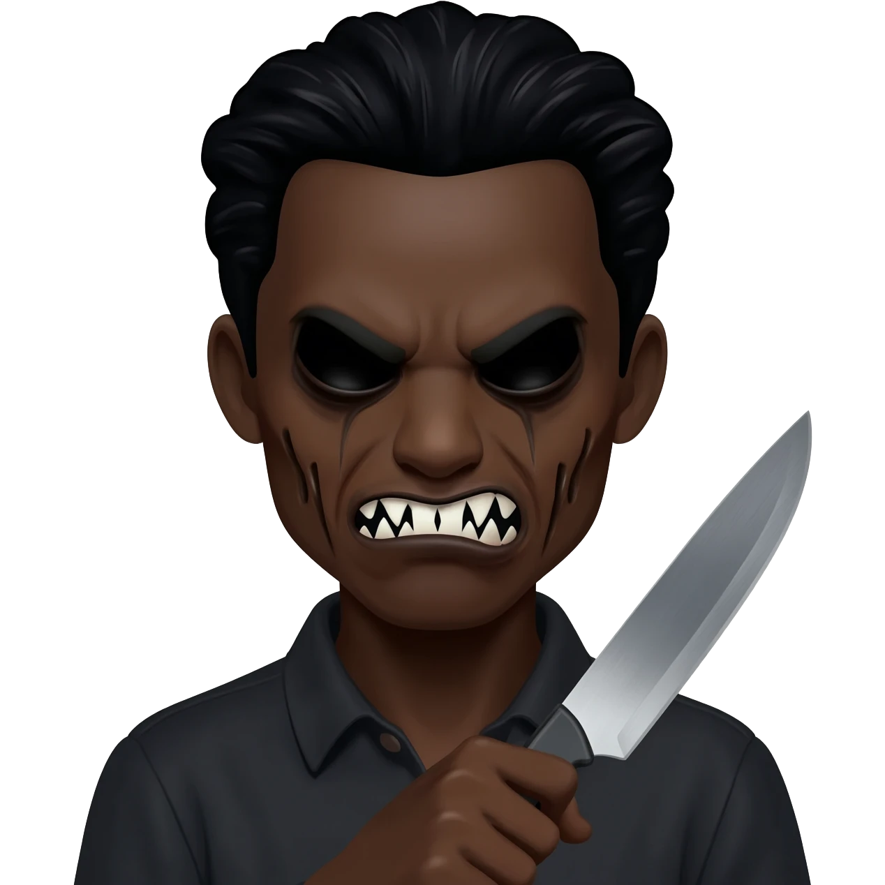 generate a black scary emoticon with black hair and a knife in 112 x 112 format with a transparent background emoji