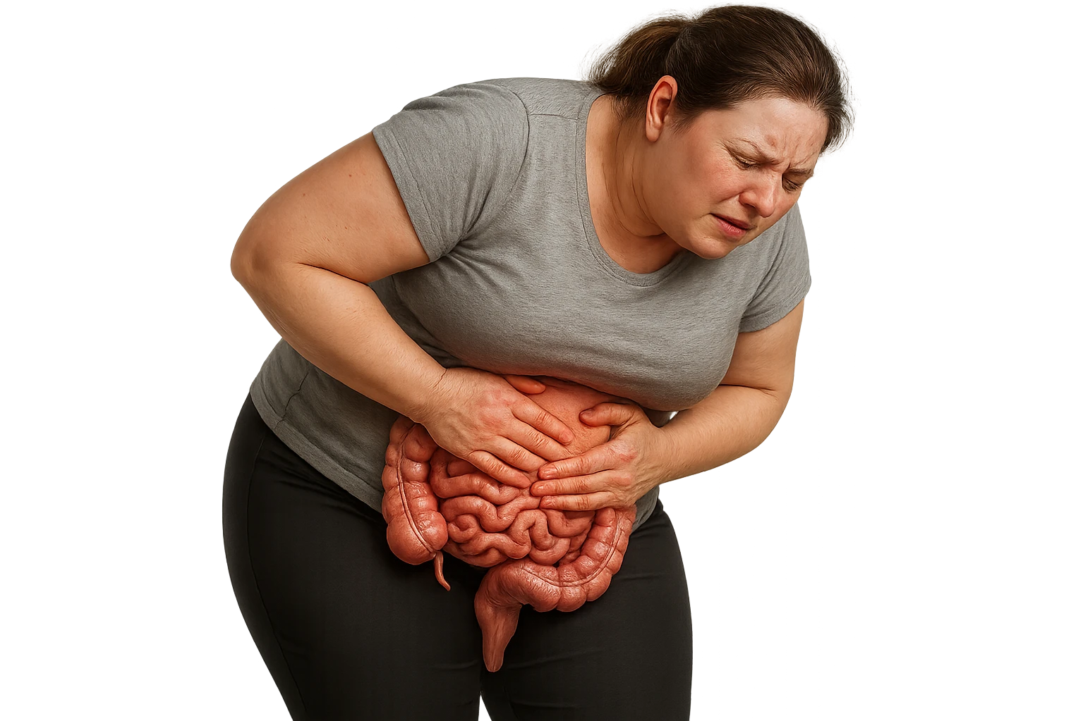 DONNA LEGGERMENTE SOVRAPPESO PIEGATA IN AVANTI CON INTESTINO ANATOMICO IN EVIDENZA, MAL DI PANCIA iperrealistico 4k emoji