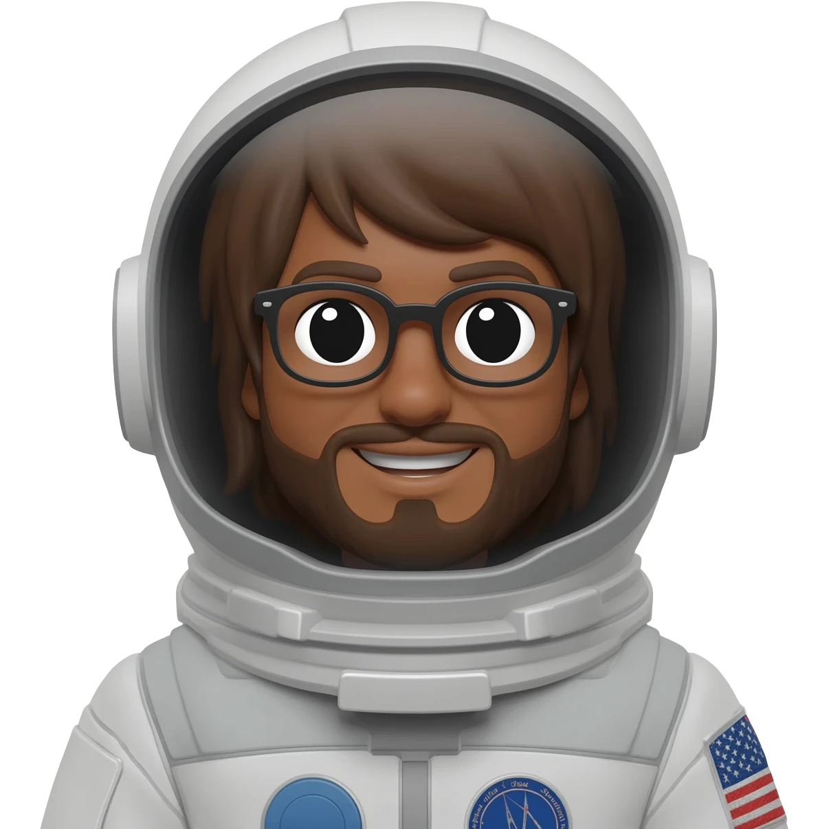 astronaut with helmet in space brown skin, black eyes, glasses and beard smiling a bit long hair show body emoji