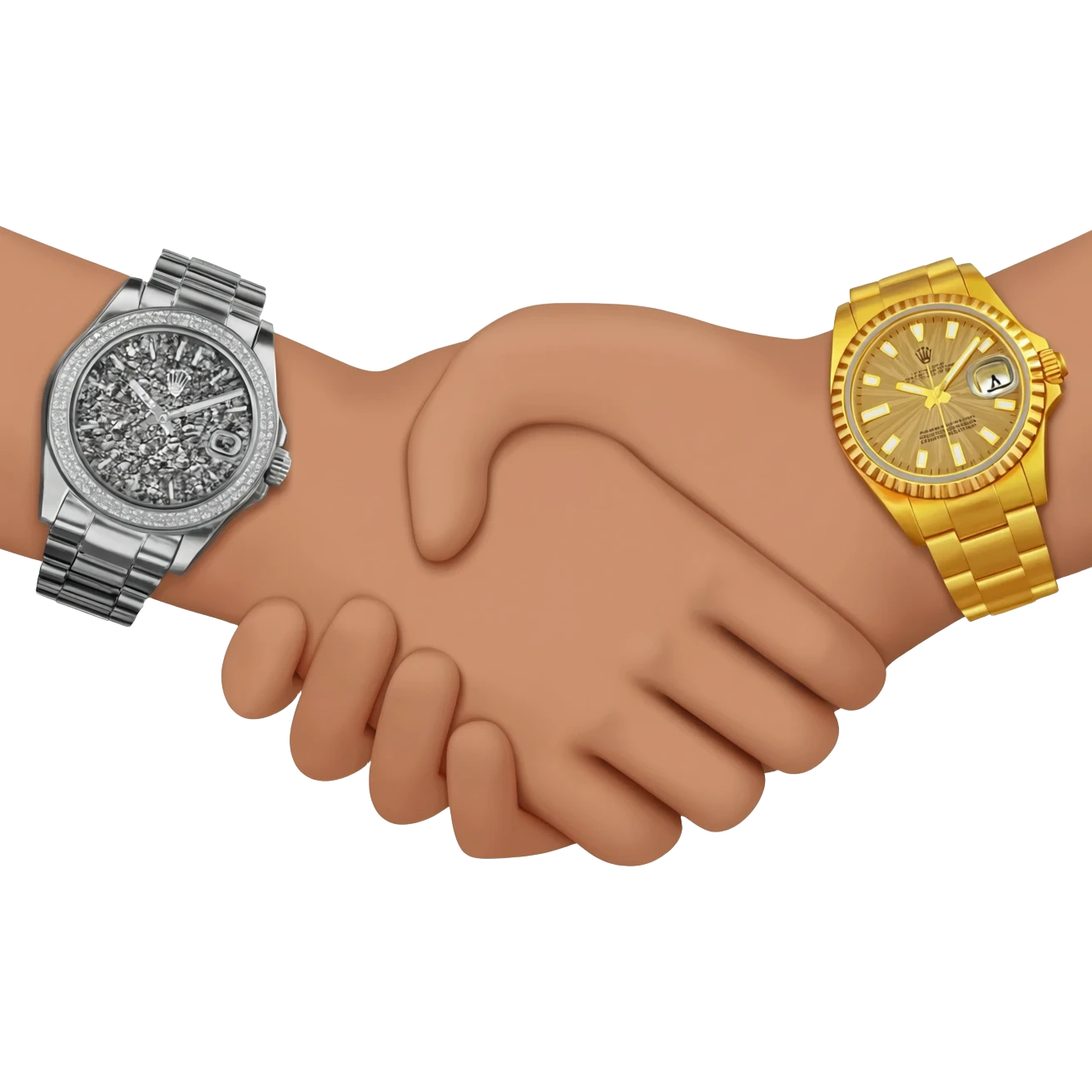 Emoji of a handshake, close-up on wrists, one with a silver iced-out Rolex, the other with a gold iced-out Rolex, cartoon style, bold colors, focus on luxury watches, transparent background. emoji