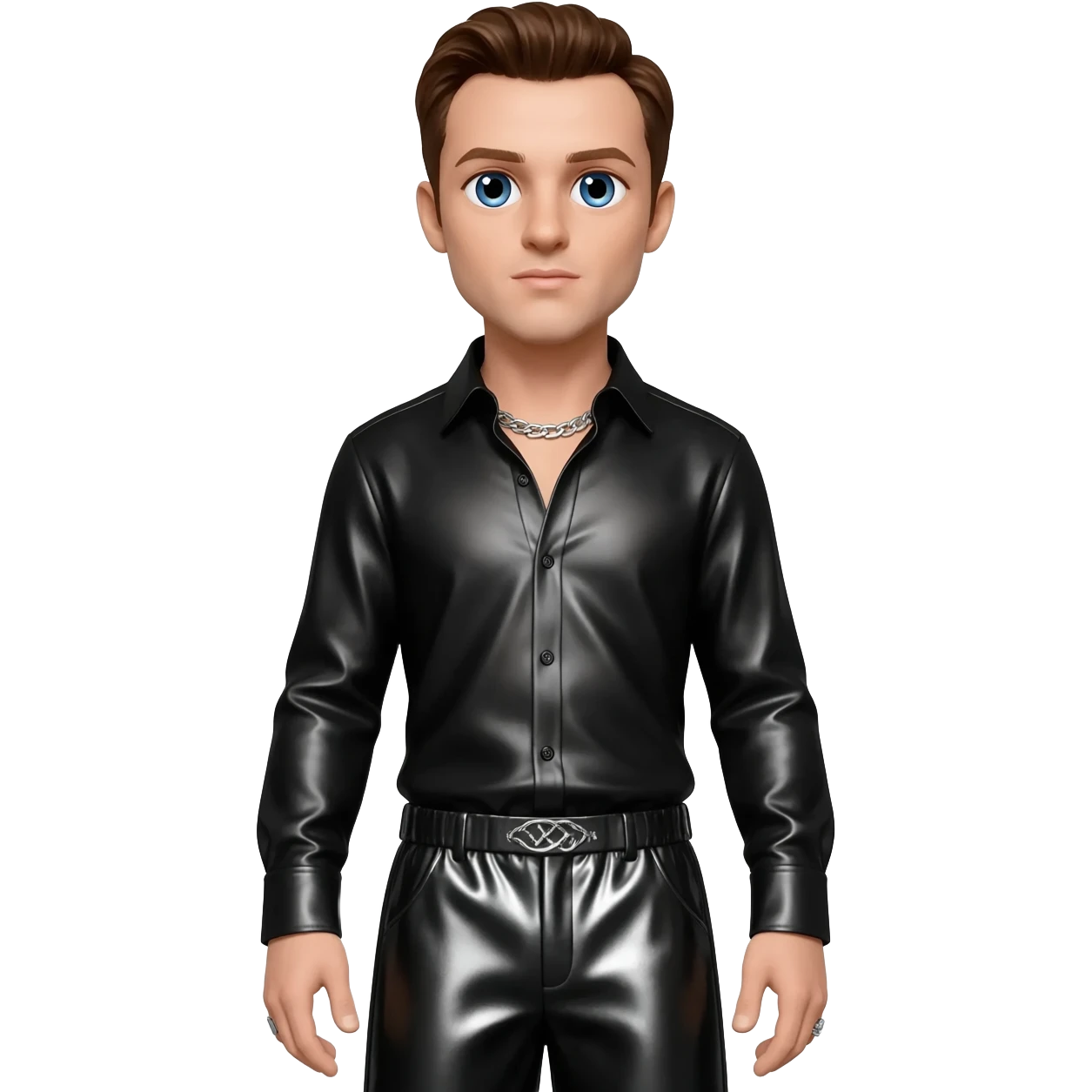 Mark Feehily from Westlife with blue eyes, brown hair, black metallic shirt, black metallic baggy pants, silver necklace emoji