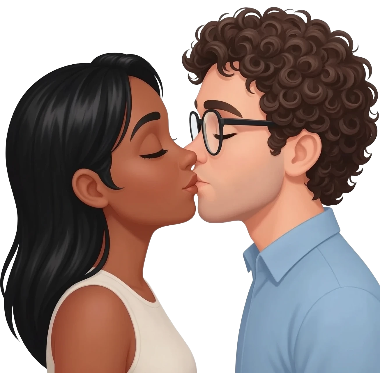 Light tan woman with black hair and man with curly dark blonde hair with glasses kissing each other emoji