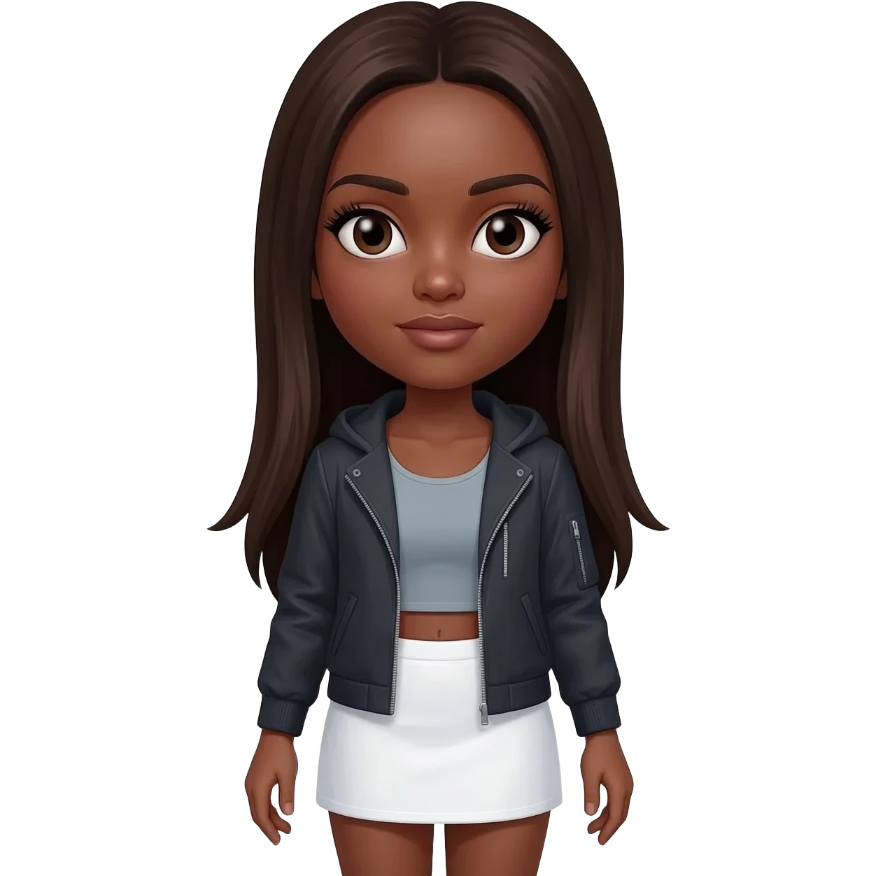 A girl with brown olive skin very very dark brown hair pretty dark brown eyes with long natural eyelashes wearing a lulu lemon tang top and jacket allong with a white mini skirt  straight medium length hair emoji