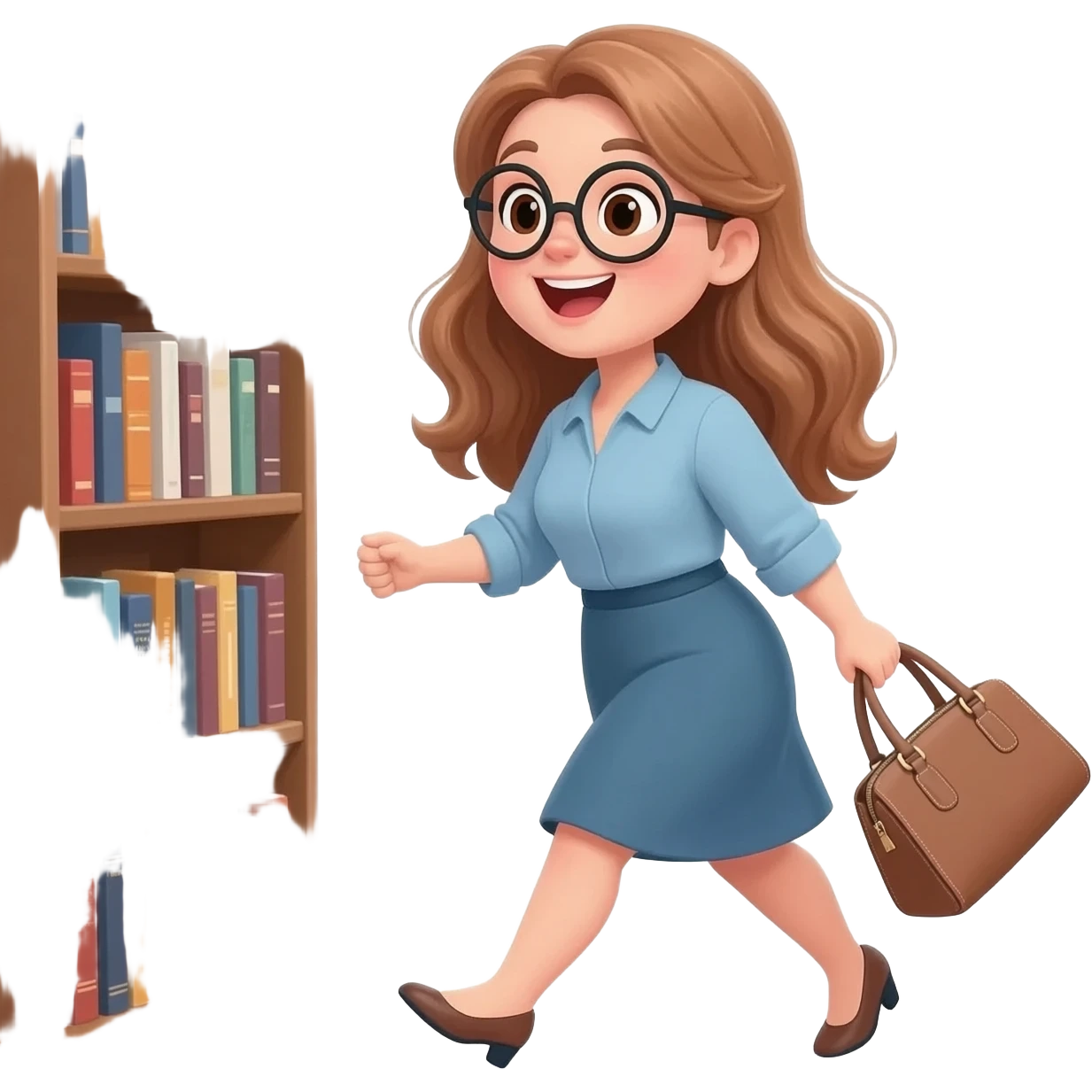 detailed emoji illustration of a curvy woman with long light brown wavy hair, light brown eyes and round glasses walking to a bookstore, carrying a handbag, happy and excited expression, cute emoji style illustration emoji
