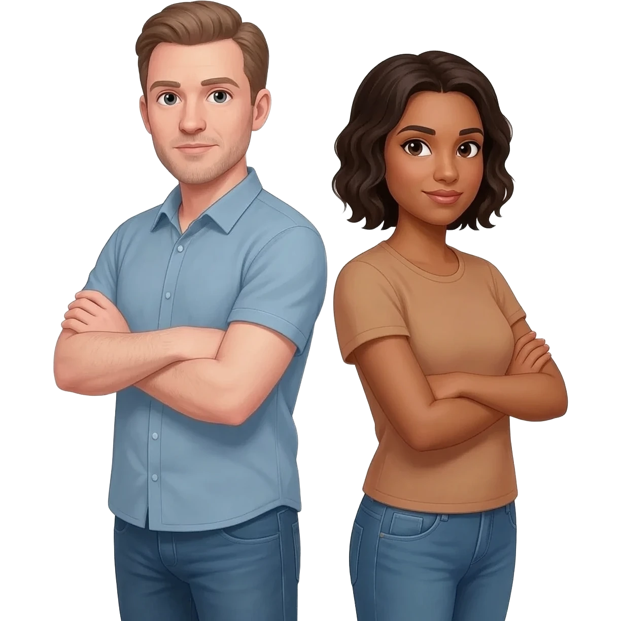 Un homme blanc et une femme métisse, dos à dos, tenue normale, bînome, bras croisés emoji