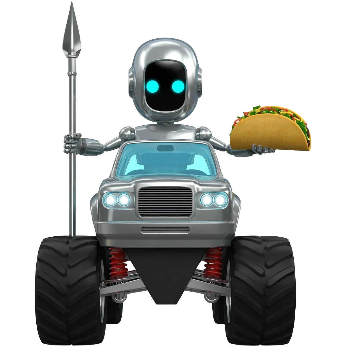 Robot riding a monster truck holding a spear and taco emoji