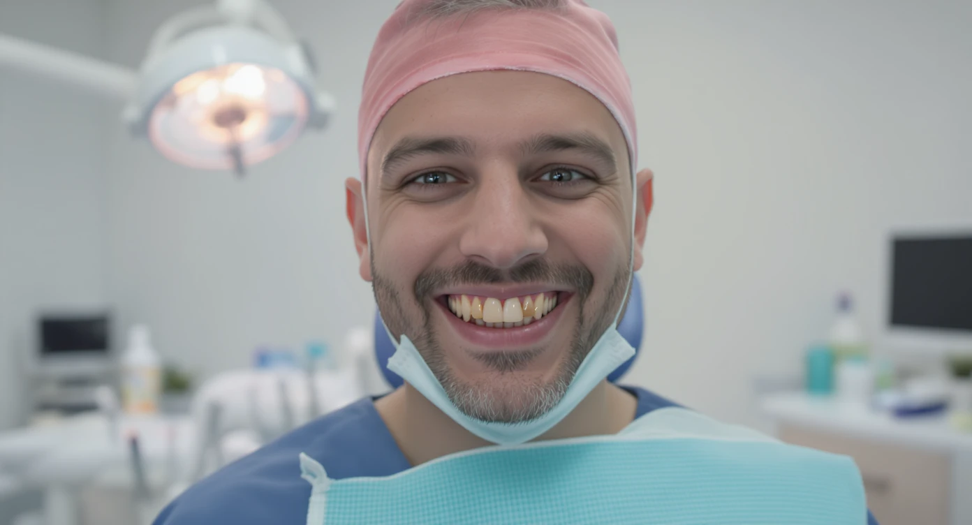 dentist smiling to camera with ugly teeth (bad and yellow teeth), cinematic shot, minimalistic clinic in background emoji