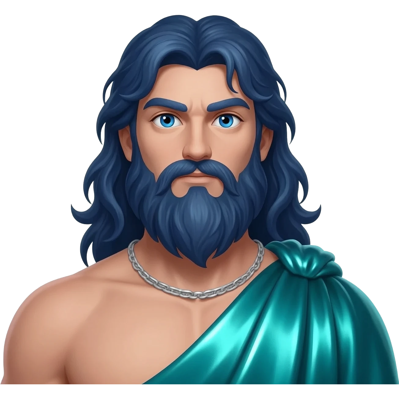 Poseidon from Greek Mythology with blue eyes, long dark blue hair, sea green metallic toga, silver necklace emoji