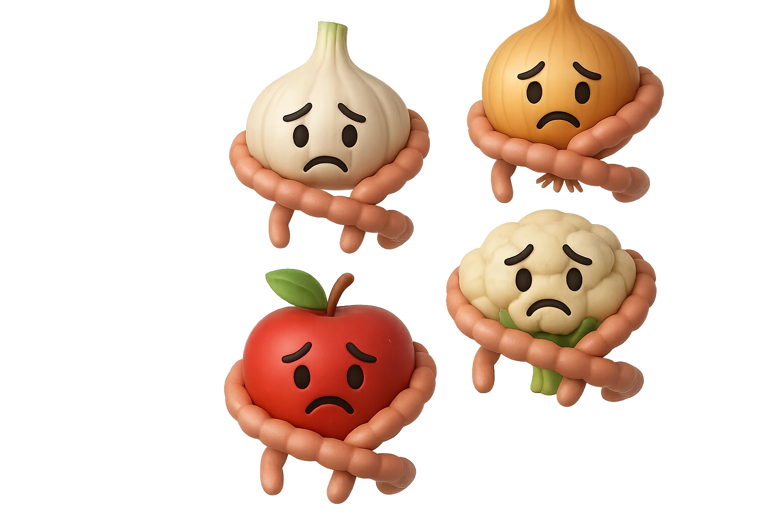 EMOJI STILE IPHONE DI aglio, cipolle, cavolfiore e mele che cadono verticalmente dall'alto con espressione triste con pezzi di colon avvolti intorno, IPERREALISTICO 4K emoji