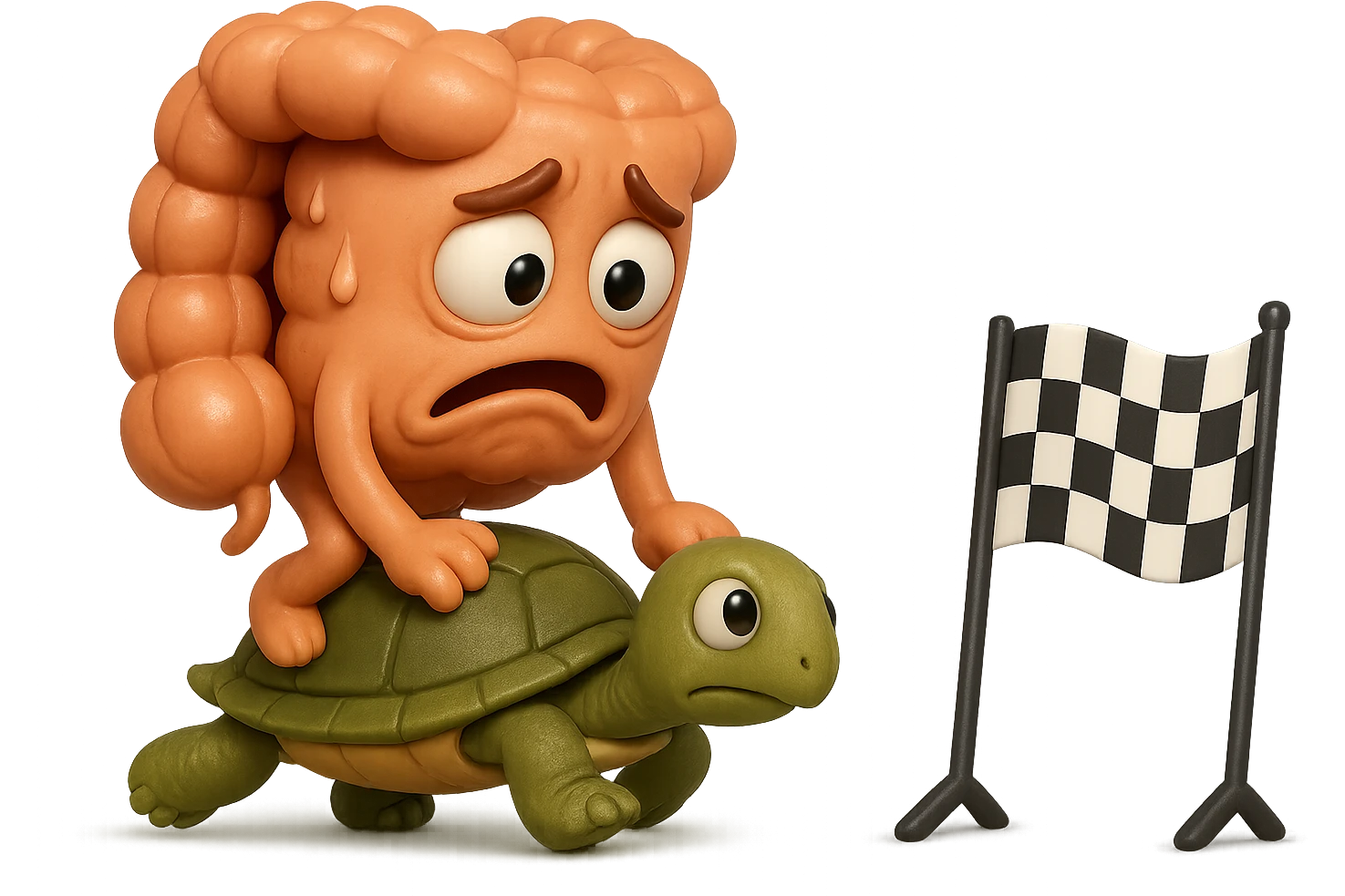  EMOJI STILE IPHONE 3D DI UN INTESTINO CON ESPRESSIONE ANGOSCIATA CHE CAMMINA SUL GUSCIO DI UNA TARTARUGA IN ATTESA ESTENUANTE DI RAGGIUNGERE UN TRAGUARDO POCO PIù AVANTI, SULLA LORO DESTRA. IL TRAGUARDO è UNA BANDIERA A DUE PIEDI CON FASCIA A SCACCHI BIANCHI E NERI. iperrealistico 4k emoji