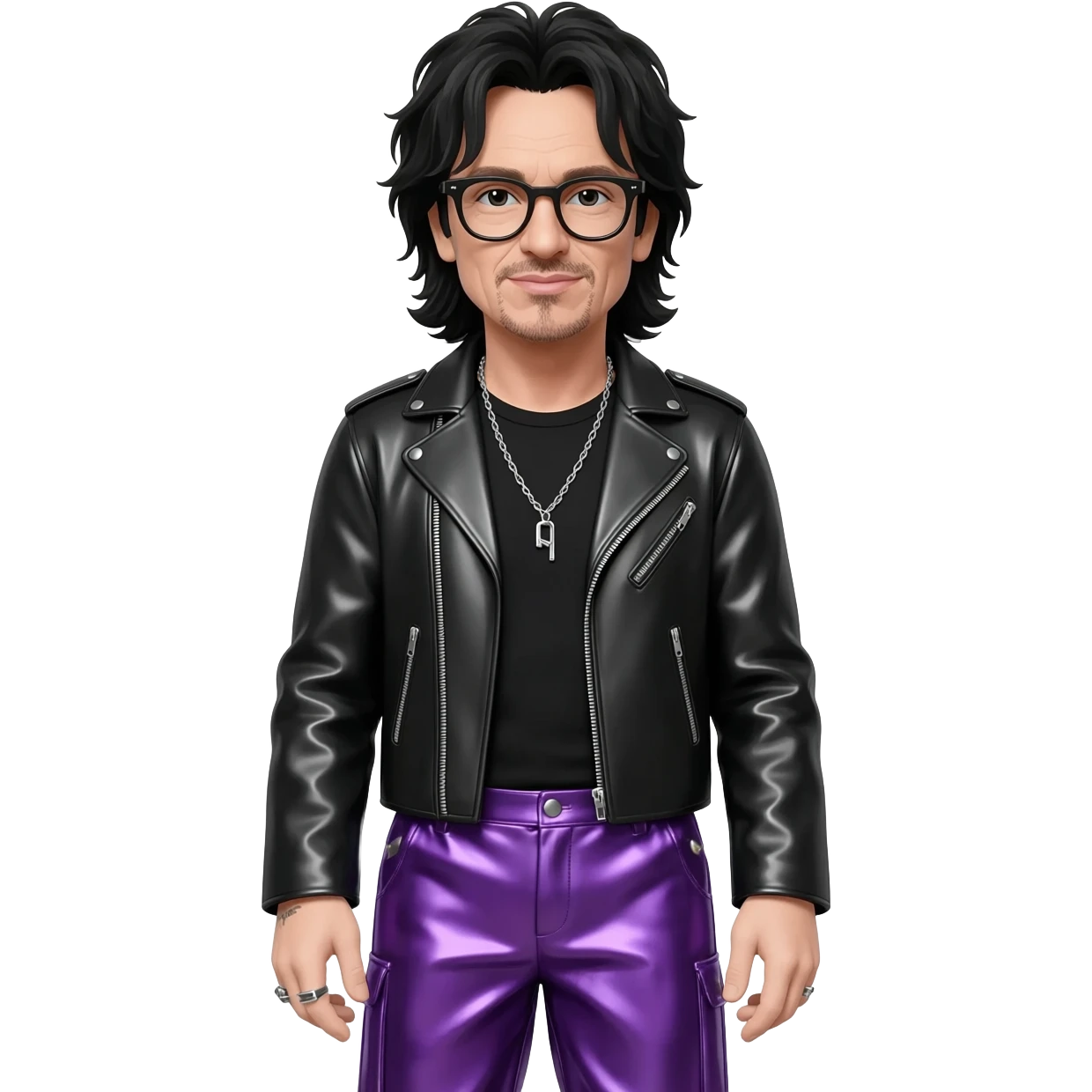 Bono with long black hair, black shirt, black metallic jacket, purple metallic baggy pants, sliver necklace, black glasses emoji
