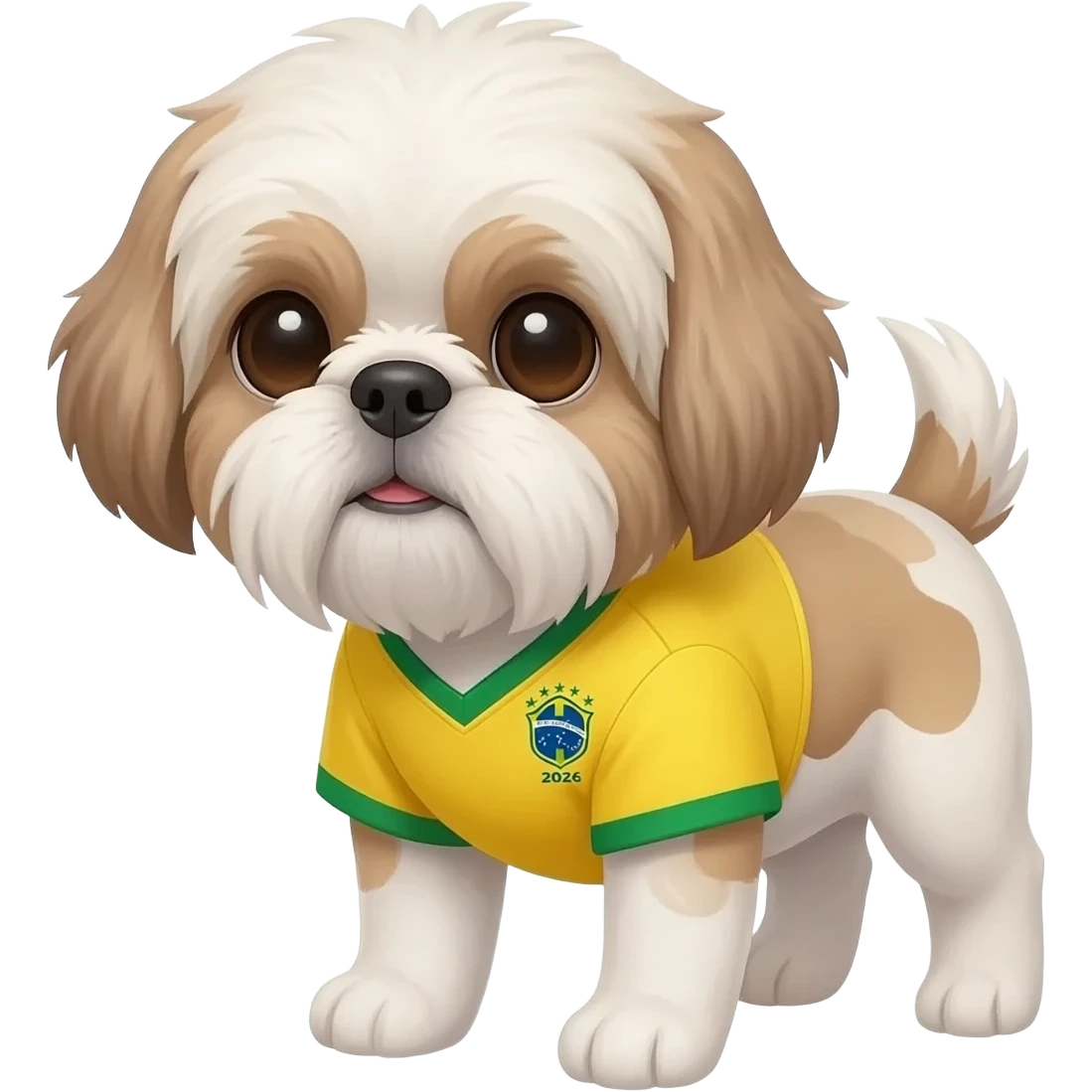 white and light brown shih zhu wearing a Brazil soccer jersey v neck 2026 work cup emoji