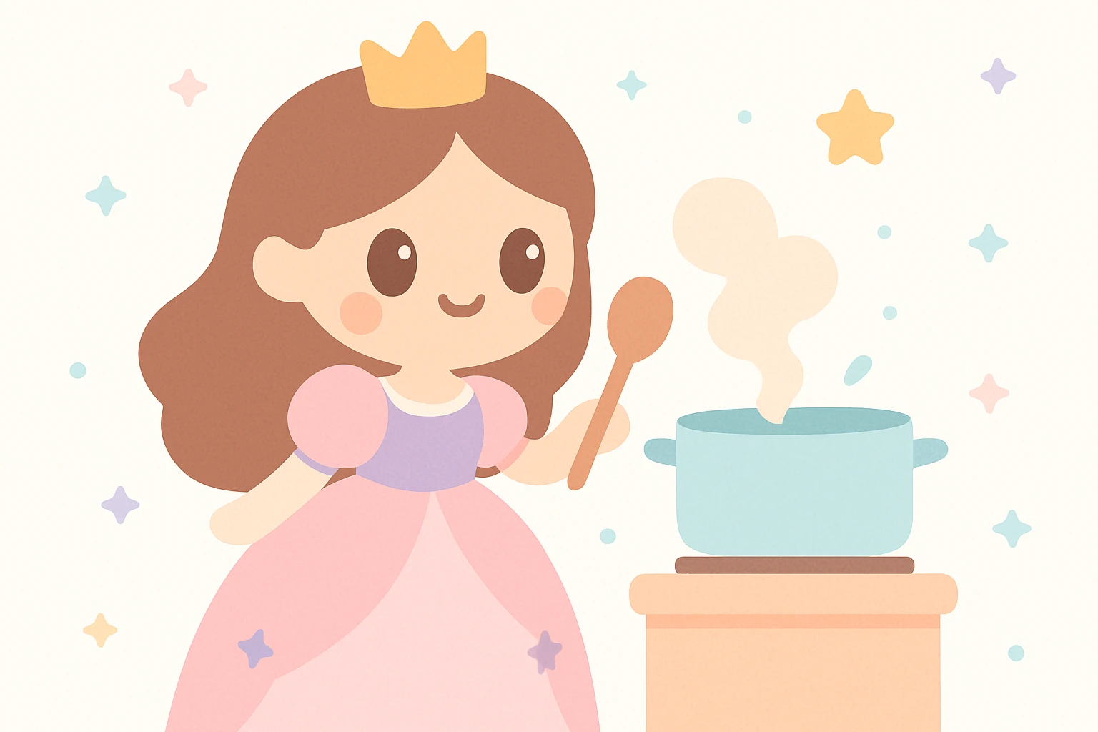 a princess cooking in a fairytale style, whimsical, magical, soft colors emoji