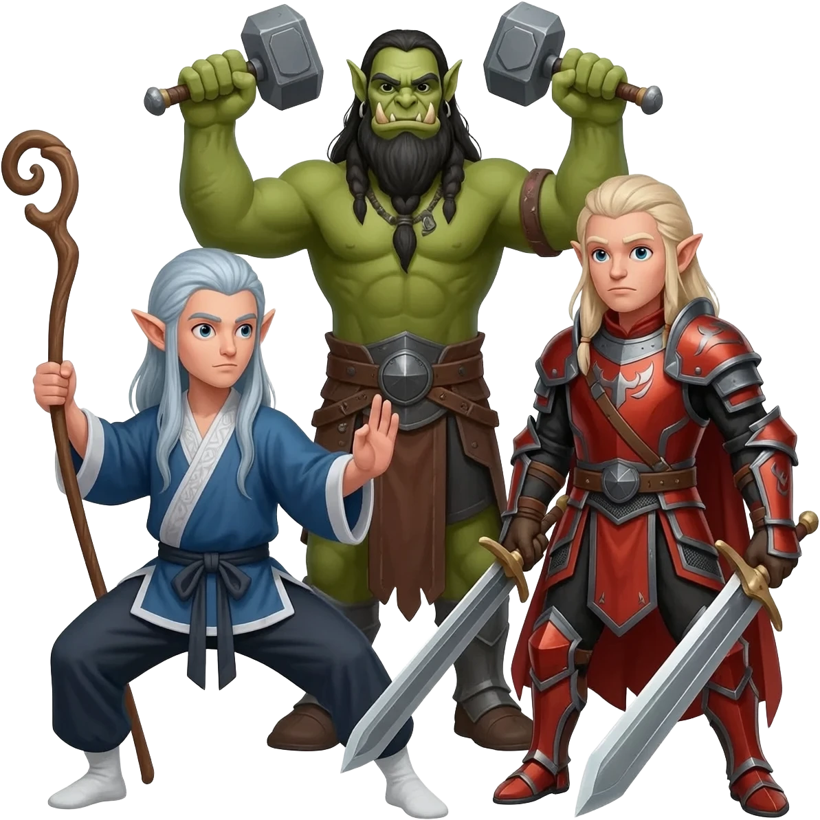 A male elf kungfu master with a staff and long silver blue hair, a taller male orc shaman with hammers in each hand, and a male elf paladin in red armor with a two handed sword, as a group emoji