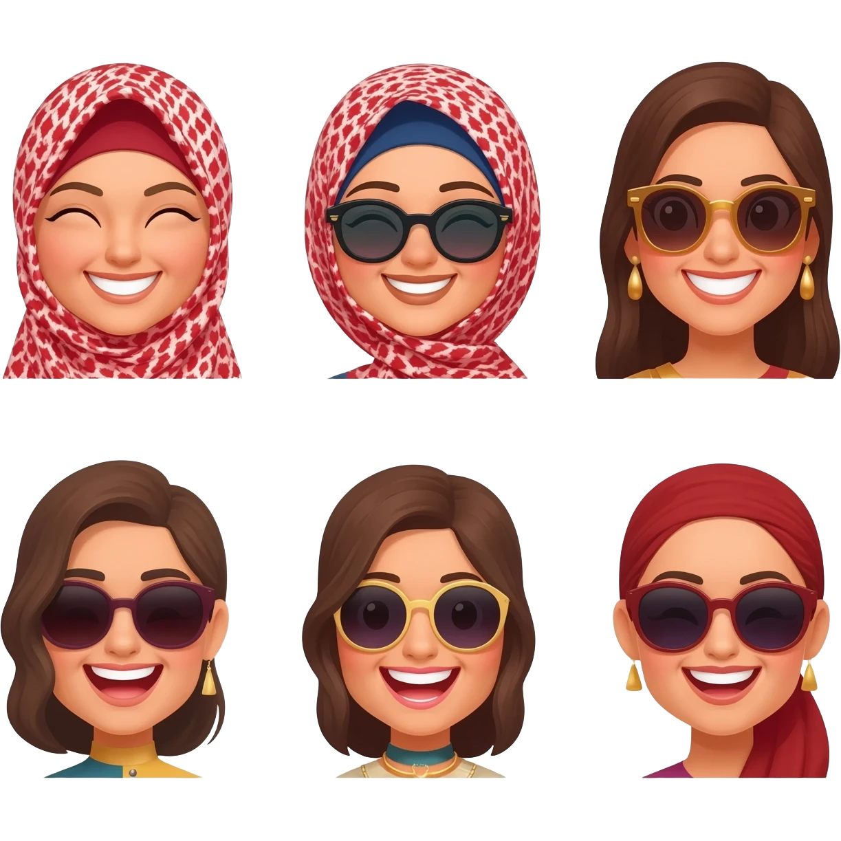 smiling face, cute face, luxury face & loving face, laughing face, beauty face, sunglass face generates 7 different emoji same look like arbic ladys emoji