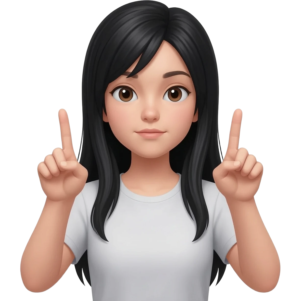 Chica con pelo negro largo haciendo con sus dos manos sacando un dedo de cada una para hacer una tacha, con un dedo enfrente del otro emoji