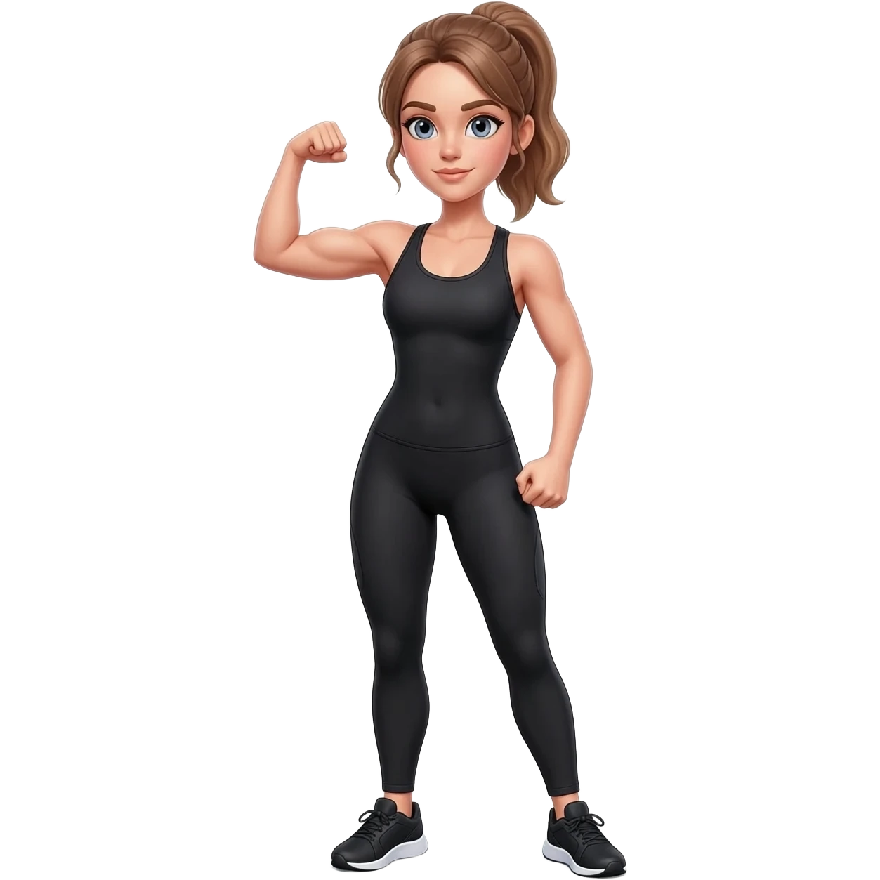 flexing bicep with confident workout pose, fair-skinned woman, gray-blue eyes, ash brown brows, ash light brown hair tied back, slim athletic body, black workout set, black sneakers with white soles emoji