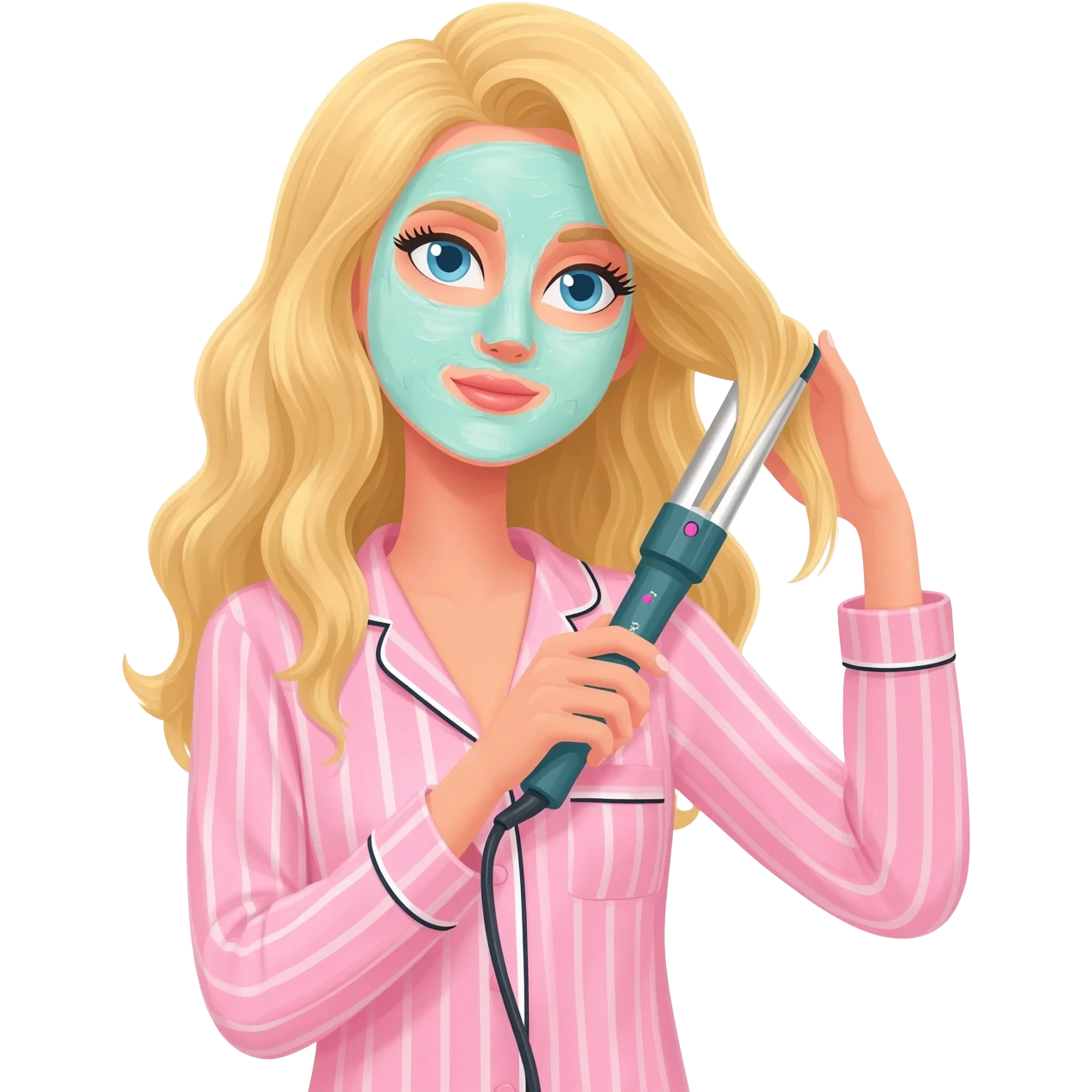 Draw a blonde girl wearing striped Victoria's Secret pajamas, styling her hair with a curling iron, and also apply a skincare mask. emoji