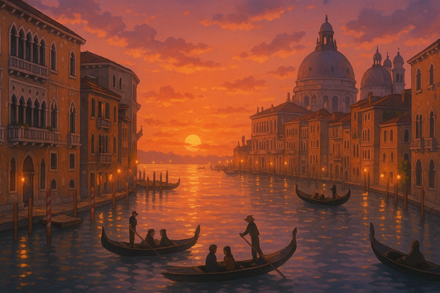 Venice, Italy, romantic sunset over the Grand Canal, dreamy Ghibli-inspired style emoji