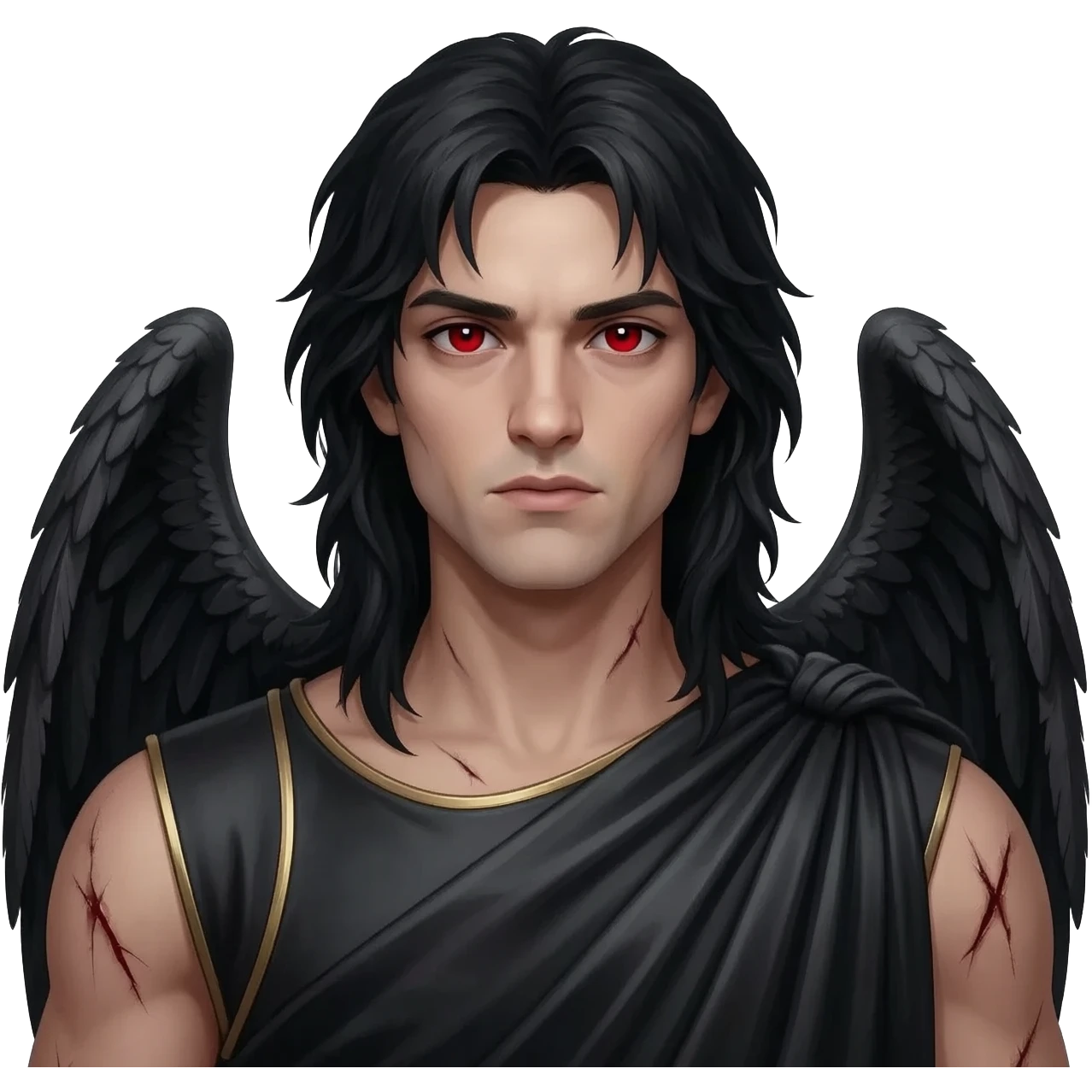 Male Fallen Angel from Christian Mythology with red eyes, long black hair, black metallic toga emoji