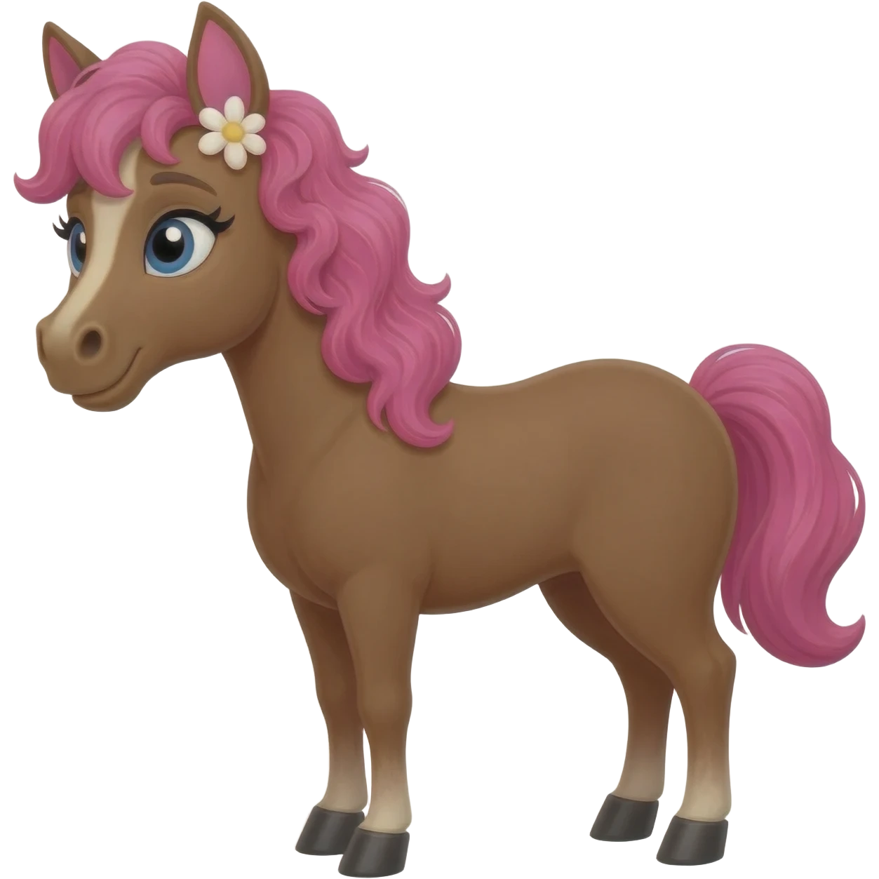 cheval marrons avec des mèche rose avec des yeux bleu et des oreilles en forme de fleur, les chevuex boucléq emoji