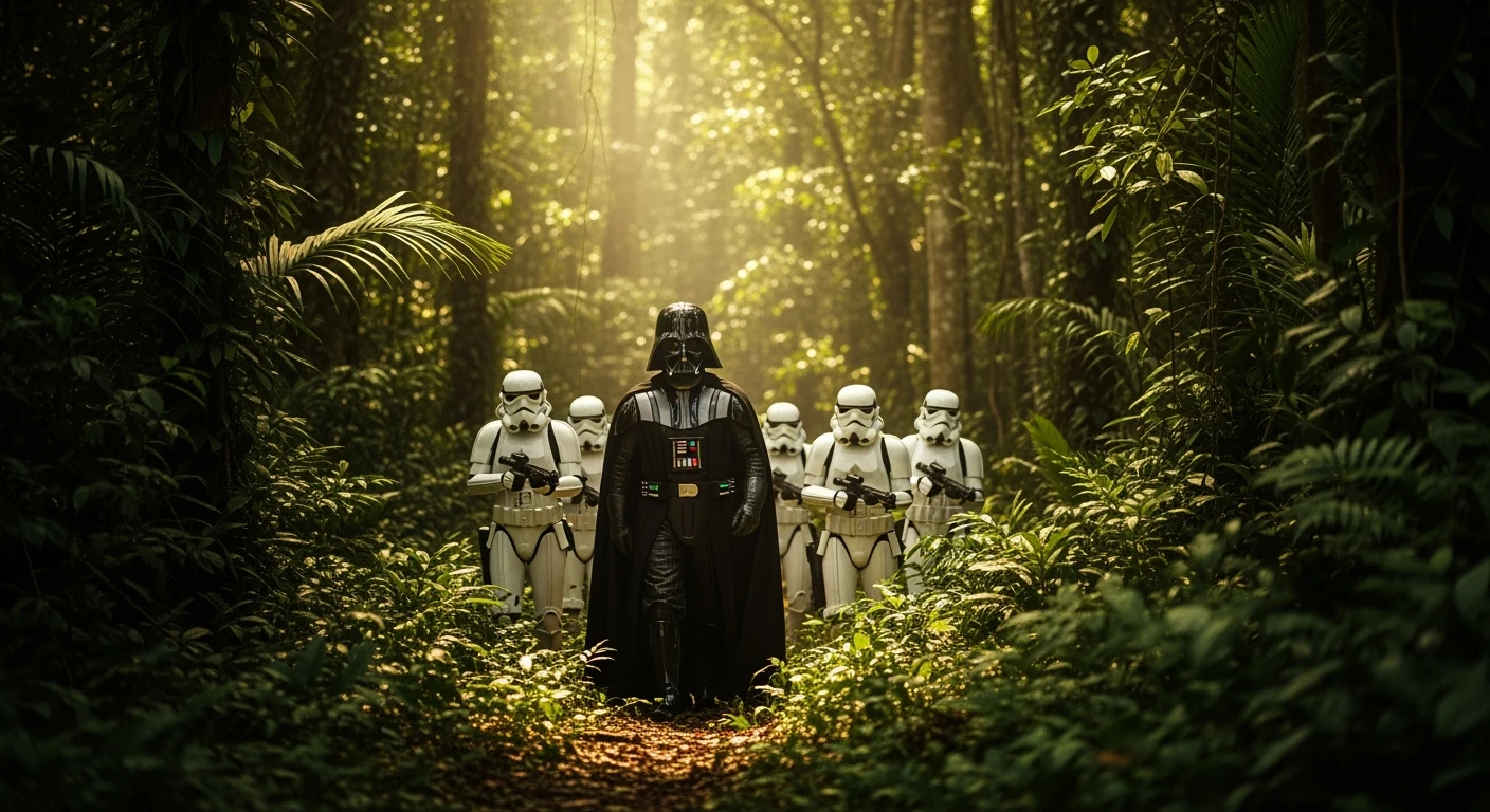 cinematic still, amazon jungle, well lit scene, Darth Vader around stormtroopers is exploring the jungle, captured by arri alexa emoji