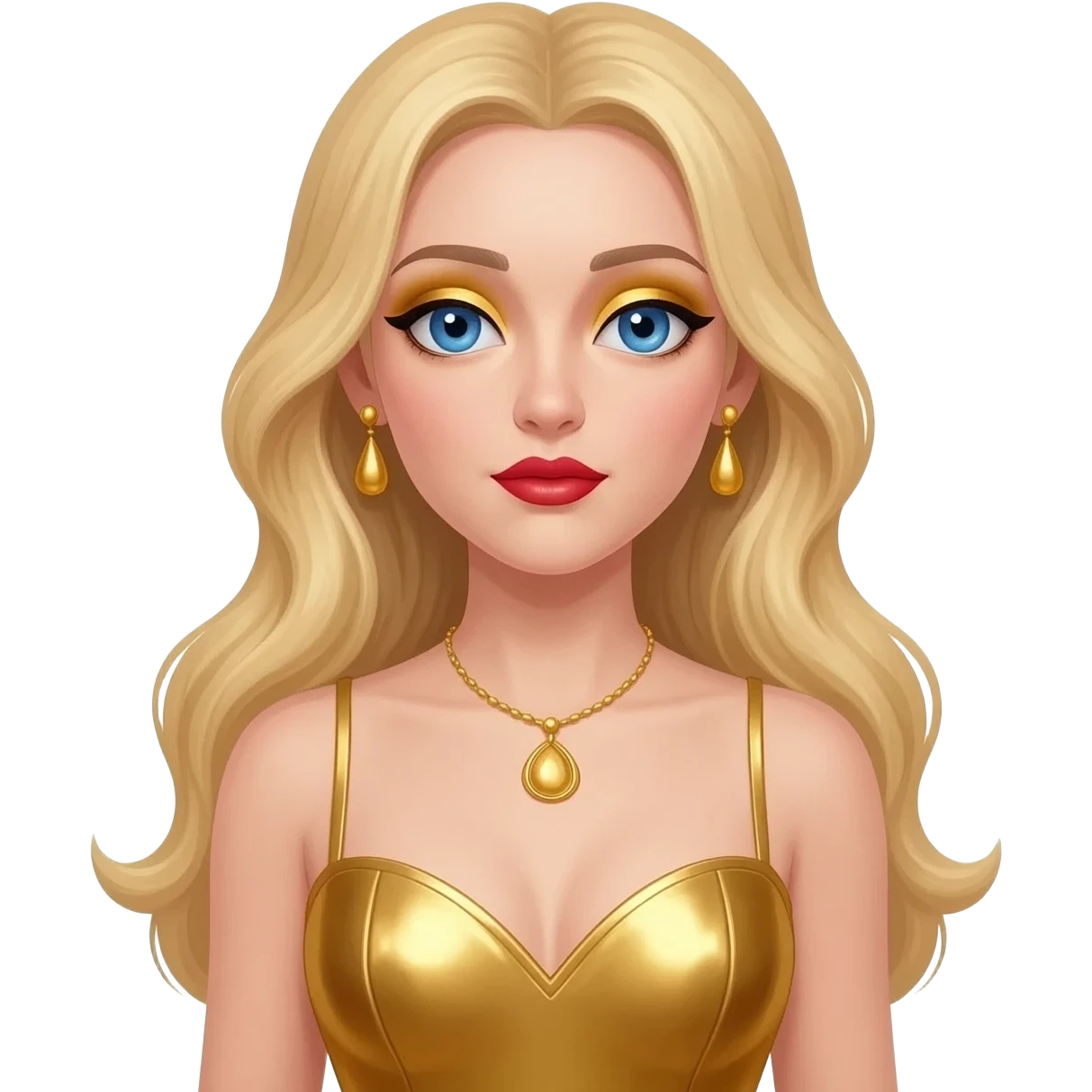 Madonna with blue eyes, long blonde hair, gold eyeshadow, red lipstick, gold metallic sweetheart dress, gold necklace and earrings emoji