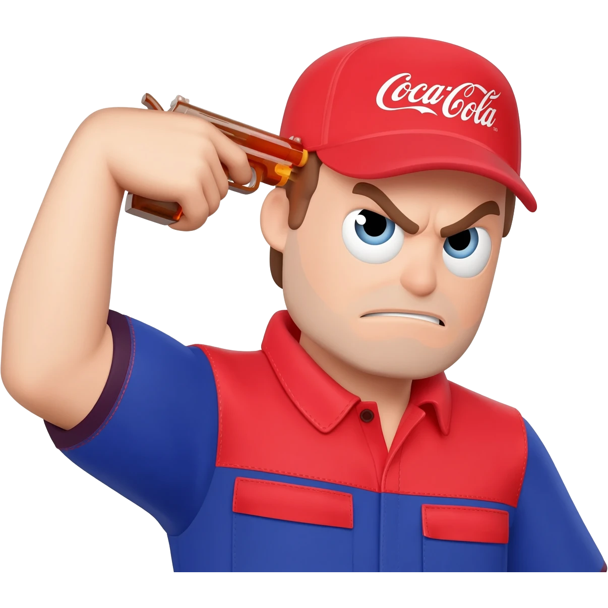 grumpy coca-cola employee with a toy gun pointing to his head emoji