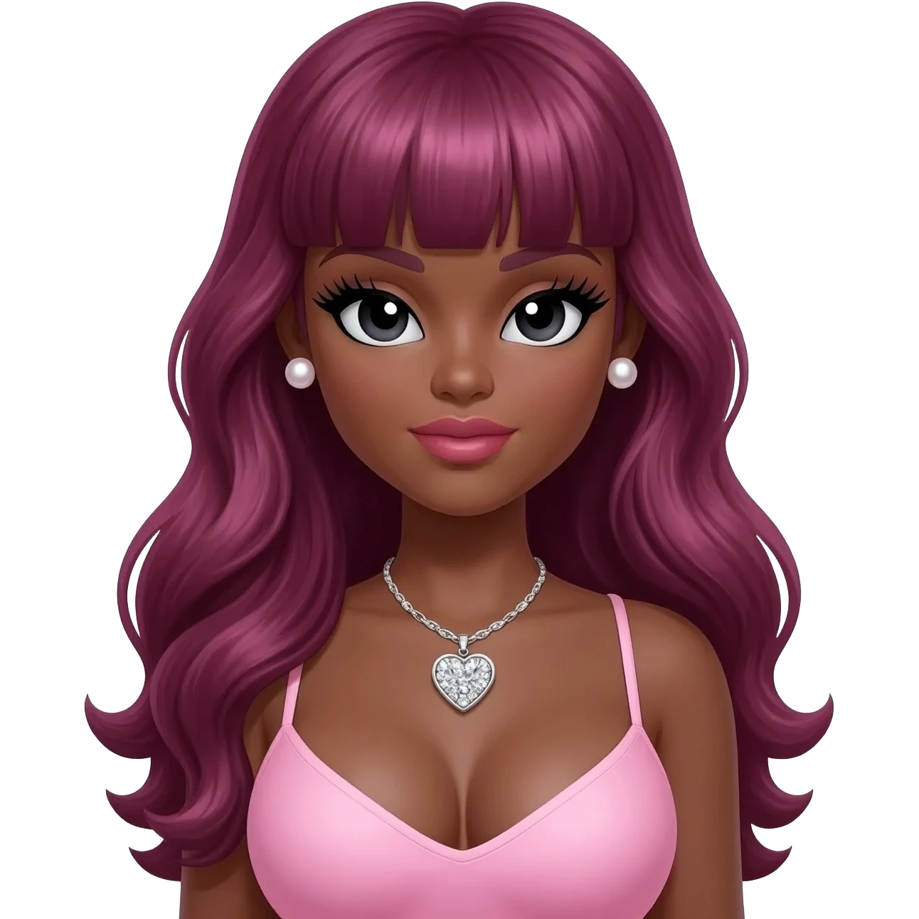 pearl earrings stud, Long giant lashes, Doll faced shaped,swarovski heart with Rhodium plated necklace, bimbo, black doll eyes, barbie, dark brown skin, with long dark pink hair, light pink, big breast emoji