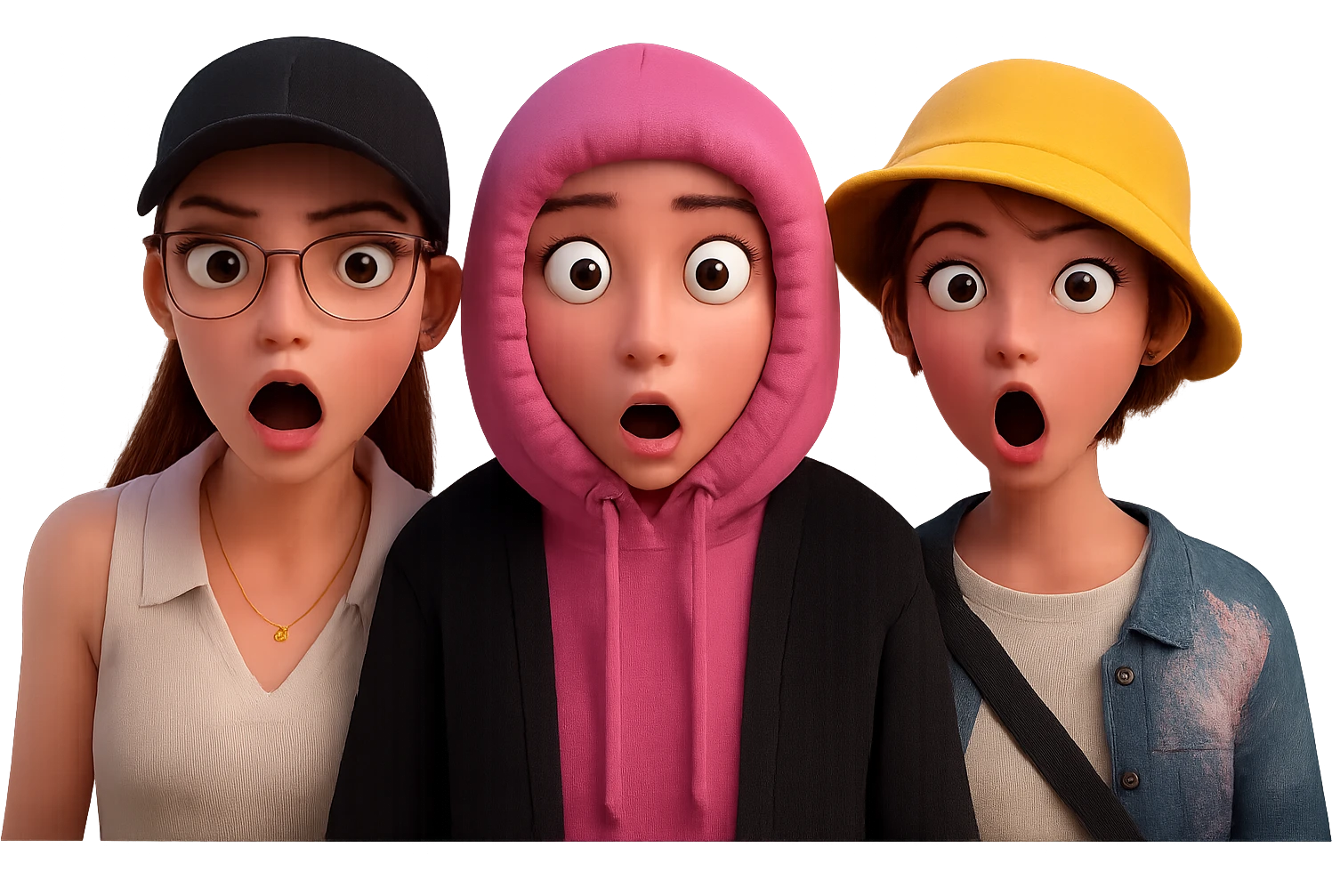 Extract the three characters from the image and place them together on a transparent background, keeping the original style and appearance. emoji