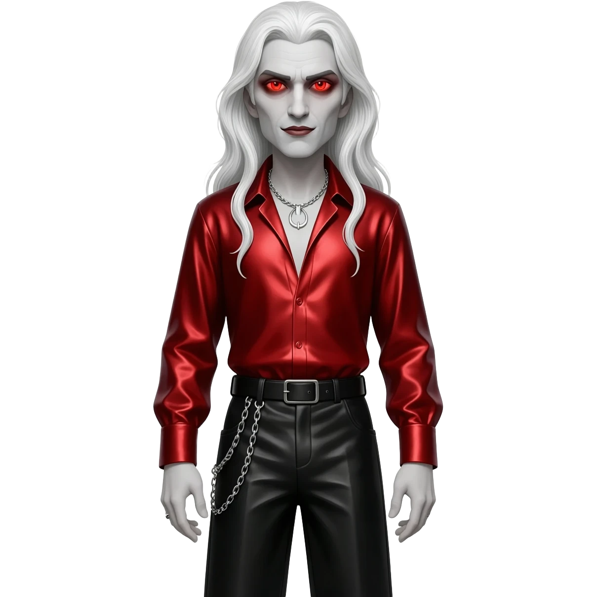 Count Dracula with red eyes, long white hair, red metallic shirt, black metallic baggy pants, silver necklace emoji