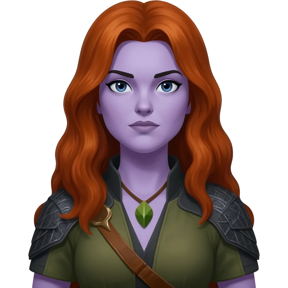 woman with long auburn hair and pale lavender skin. She is a hunter. emoji