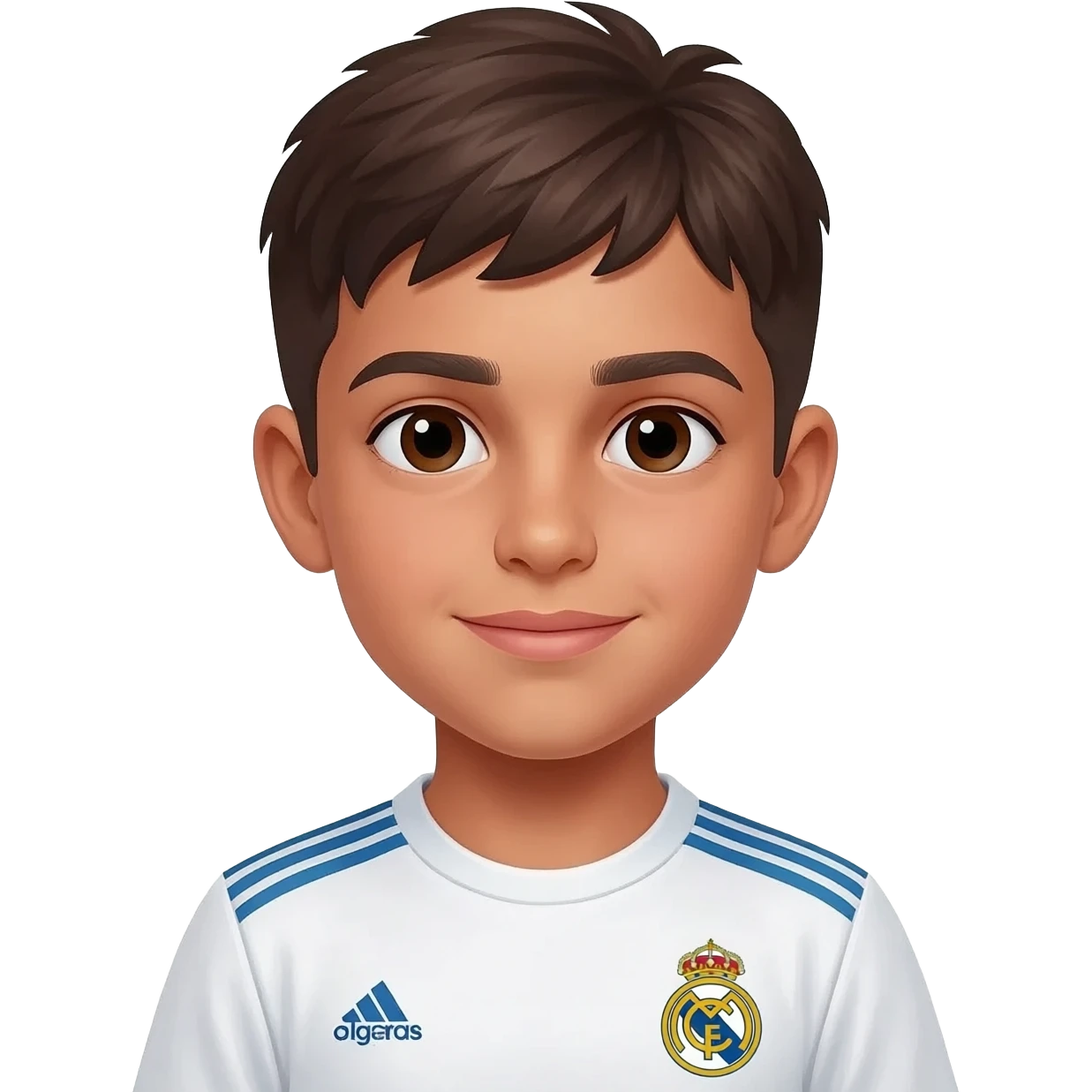 garçon métisse algérien 12 ans brun cheveux mi courts avec maillot réal Madrid emoji
