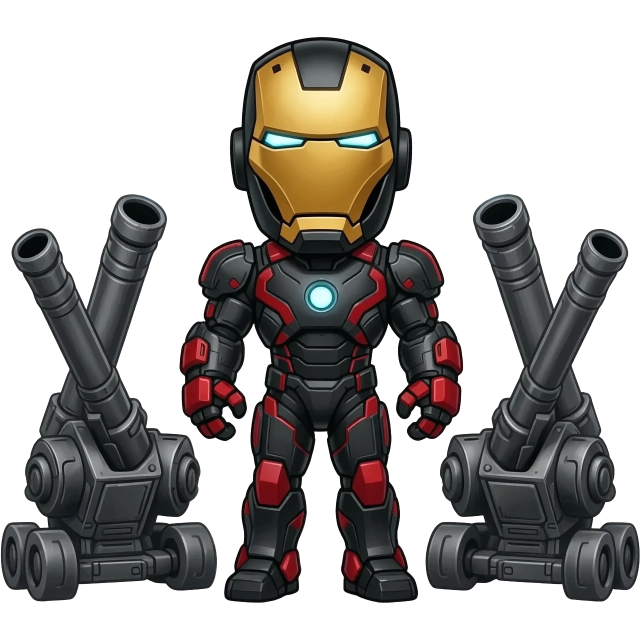 Iron Man avec tous ses équipements et des gigas canons autour de lui et son armure est noir et rouge emoji