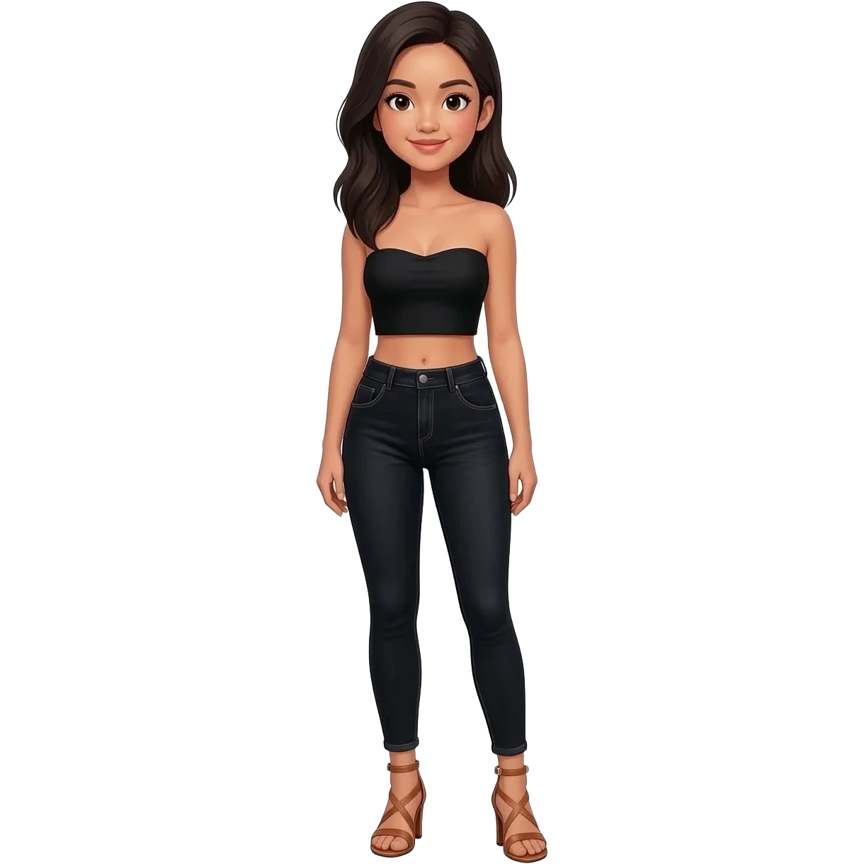 Filipino girl black bra strapless top and high waisted black jeans  with feet stand straight body wear  high heels sandals brown stand straight emoji