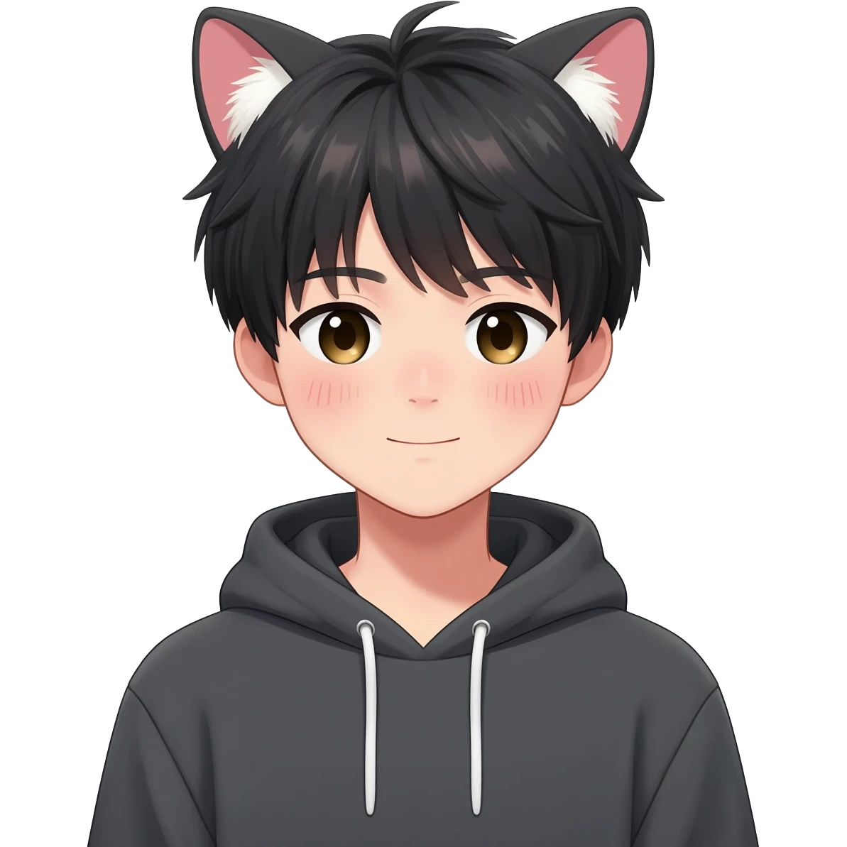 Gorgeous romantic anime style Asian shojo guy with cat ears and blushing face and hoodie aesthetic trending style outside emoji