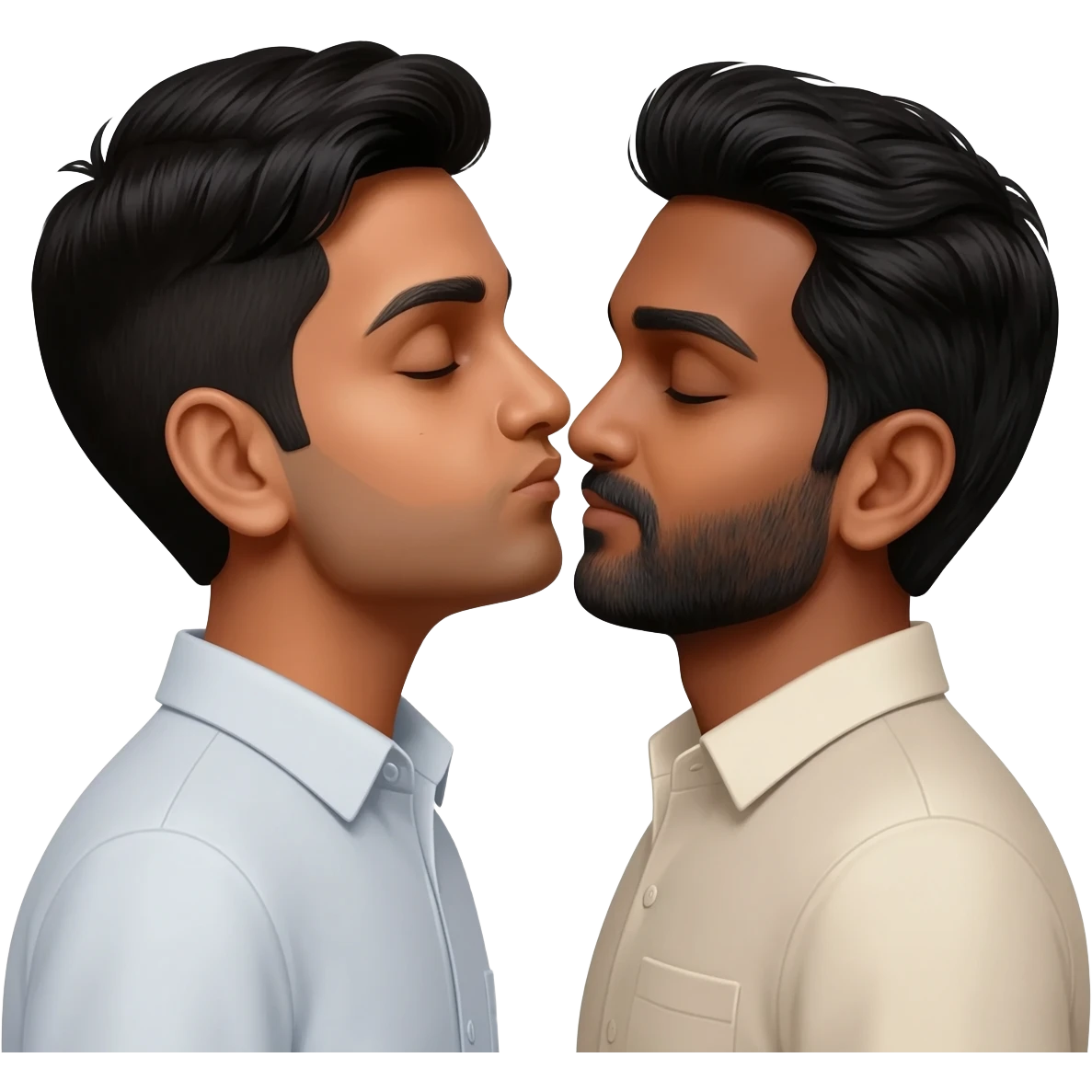 Indian man light skin kissing Indian man brown skin emoji