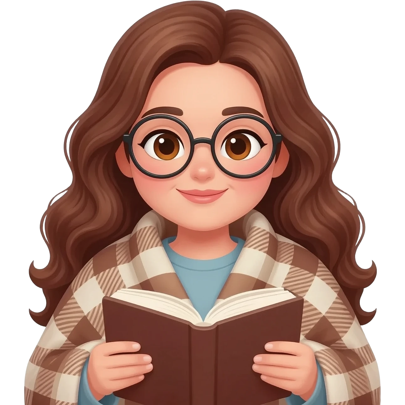 detailed emoji illustration of a curvy woman with long chestnut brown wavy hair, light brown eyes and round glasses, wrapped in a cozy plaid blanket and reading a book, calm peaceful expression, soft warm lighting, cute emoji style emoji