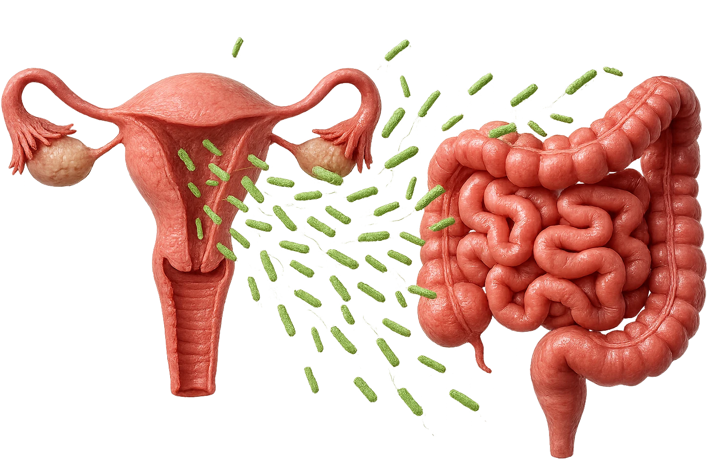 UTERO UMANO E INTESTINO ANATOMICI REALISTICI SONO UNO ACCANTO ALL'ALTRO E SI PASSANO I BATTERI A VICENDA, CON BATTERI CHE ESCONO DALL'INTERNO, IPERREALISTICO 4K, NON DISEGNATO emoji