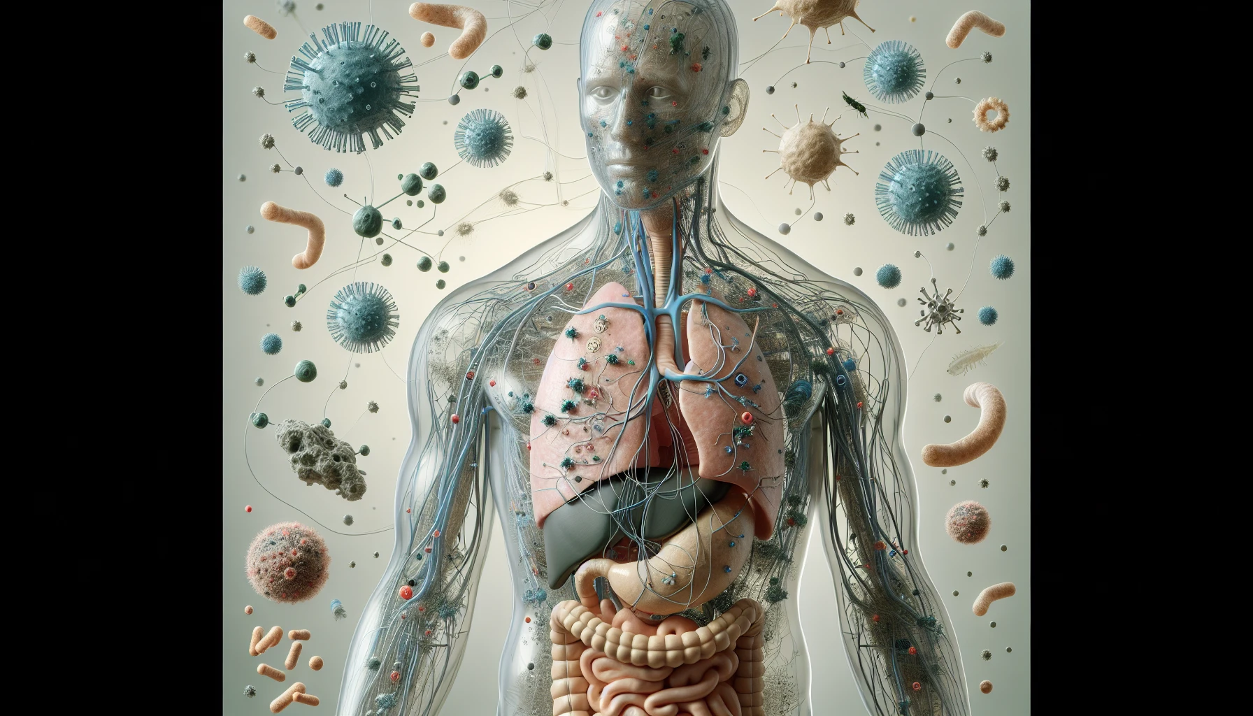 corpo umano anatomico che accumula tossine e virus e malattie nel corpo , sfondo neutro chiaro, iperrealistico 4k emoji