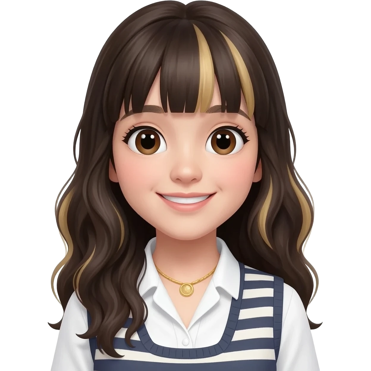 a young adult girl with long length dark wavy hairs  blonde color to the ends of the hairs with light bangs . big eyes and soft features and with the sincere smile. outfit is white shirt with a golden necklace and add stripet west top of it emoji