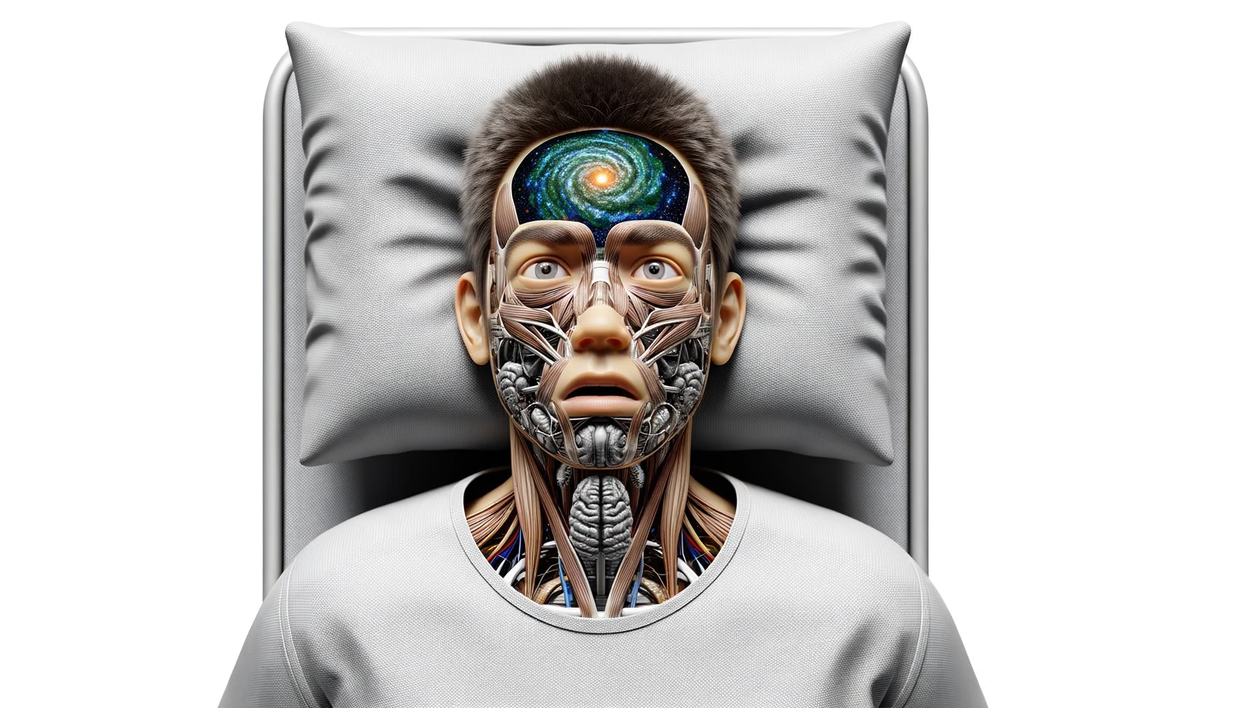 corpo umano anatomico con capelli corti che non riesce a dormire muscoli e organi in evidenza, sta nel letto con  gli occhi sbarrati e l'espressione nervosa, visto dall'alto, iperrealistica 4k, isolato su sfondo bianco emoji