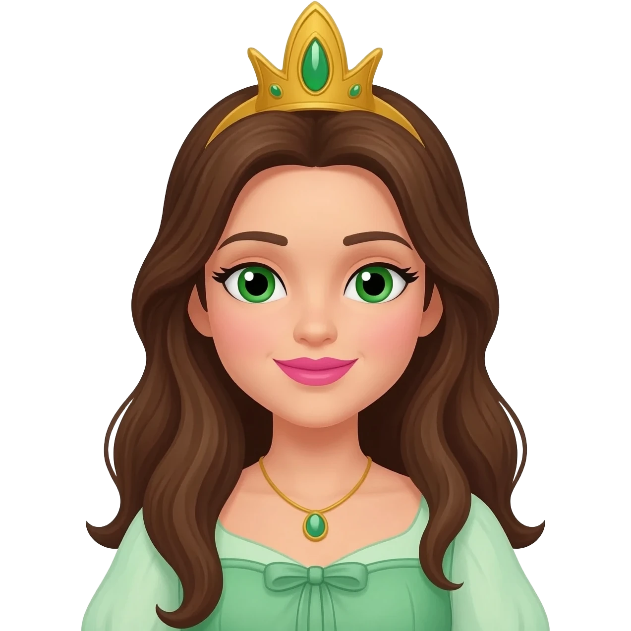 Princess Ozma from The Land of Oz with green eyes, pink lipstick, long brunette hair, light green dress, gold crown emoji