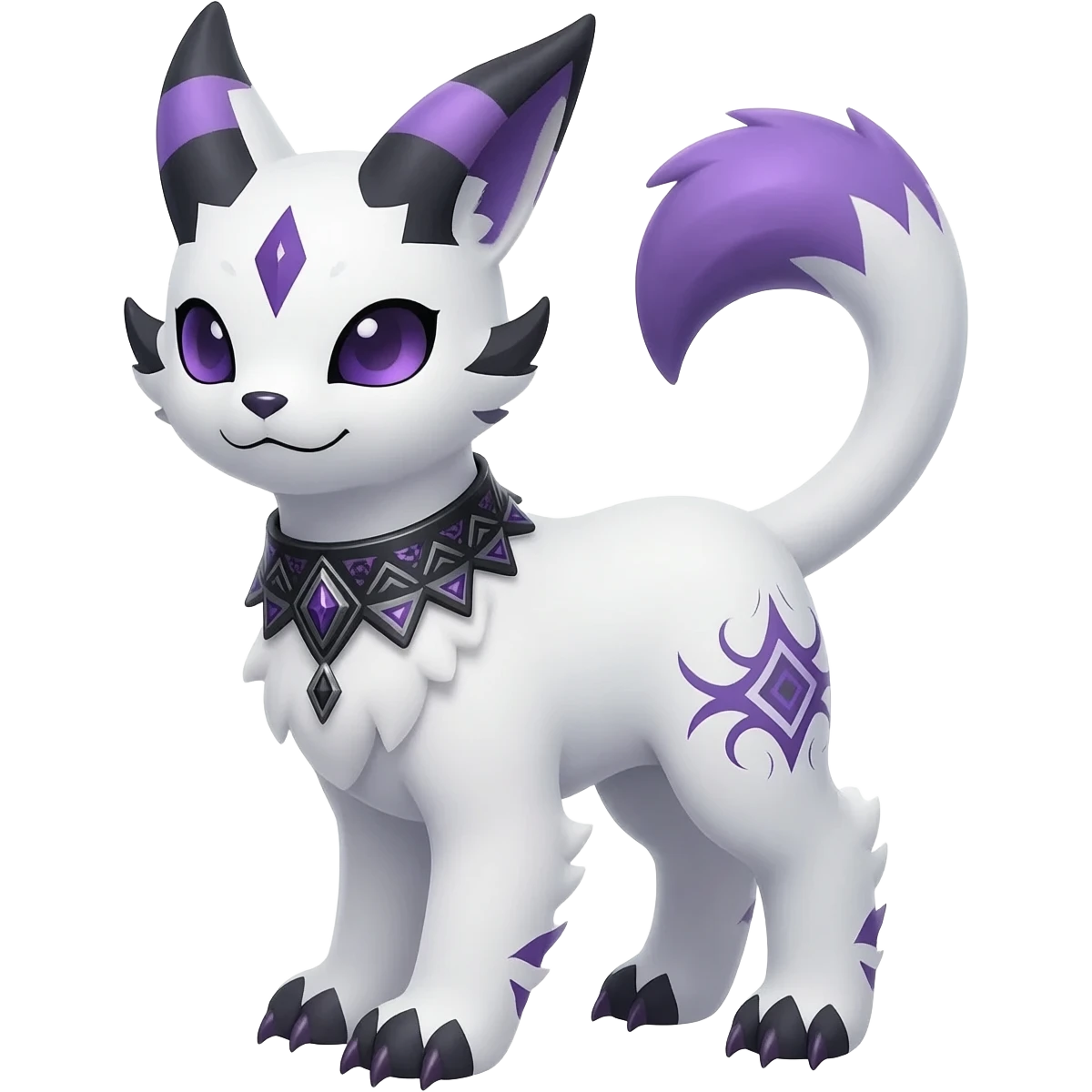 Rare white exotic cute epic aesthetic gothic colorful Salandit-Litten-Furfrou-Sylveon-Civet-species-Fakemon-hybrid-creature, with a collar, and with intricate tribal markings, full body emoji