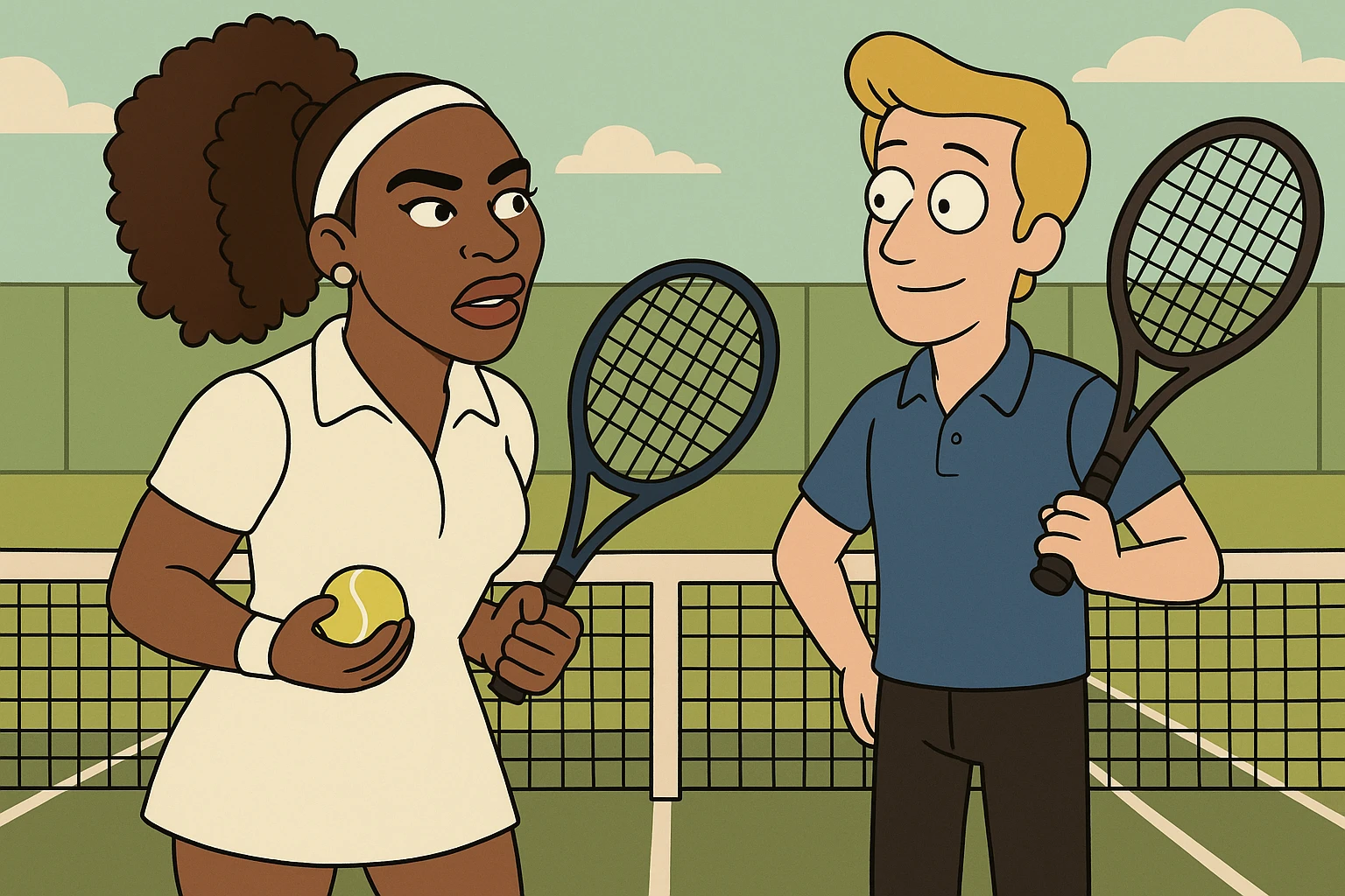 Serena Williams white shirt dress tennis racket one ball tennis a man dark yellow hair blue shirt black trousers tennis racket tennis court background  emoji