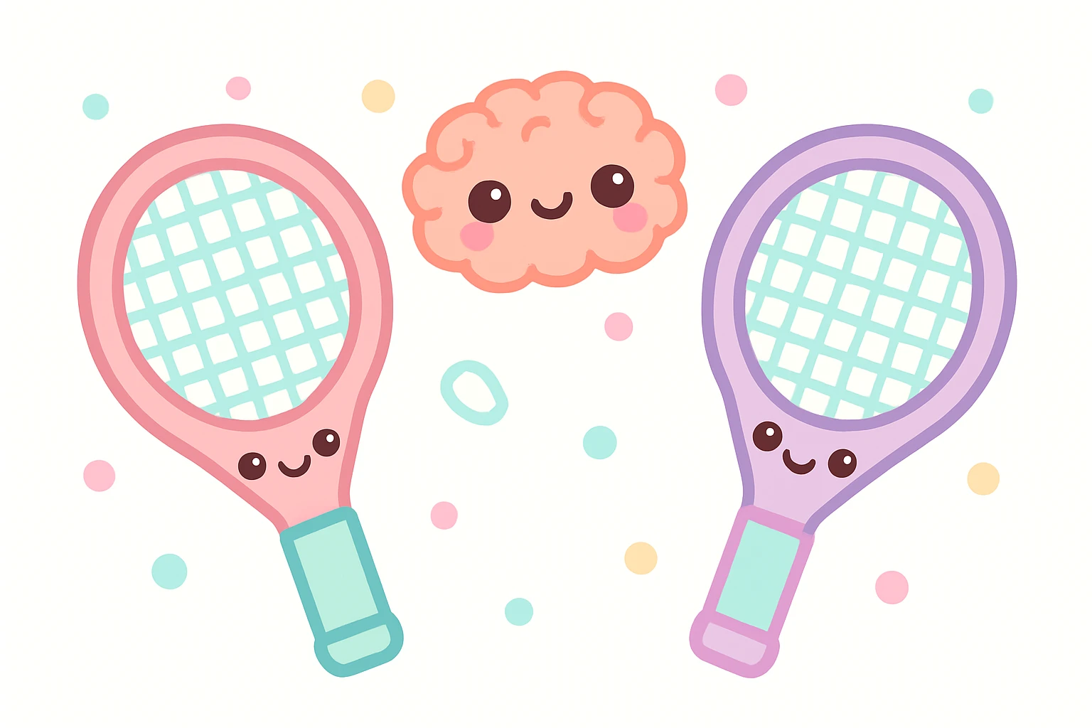 two tennis rackets facing each other with a brain emoji bouncing around between them, cute kawaii style, adorable and colorful emoji