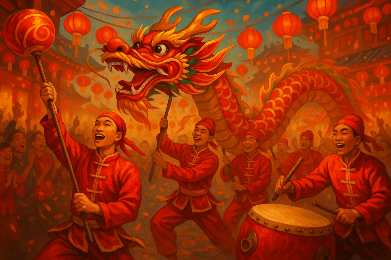 Chinese New Year dragon dance celebration, vibrant colors and lively energy emoji