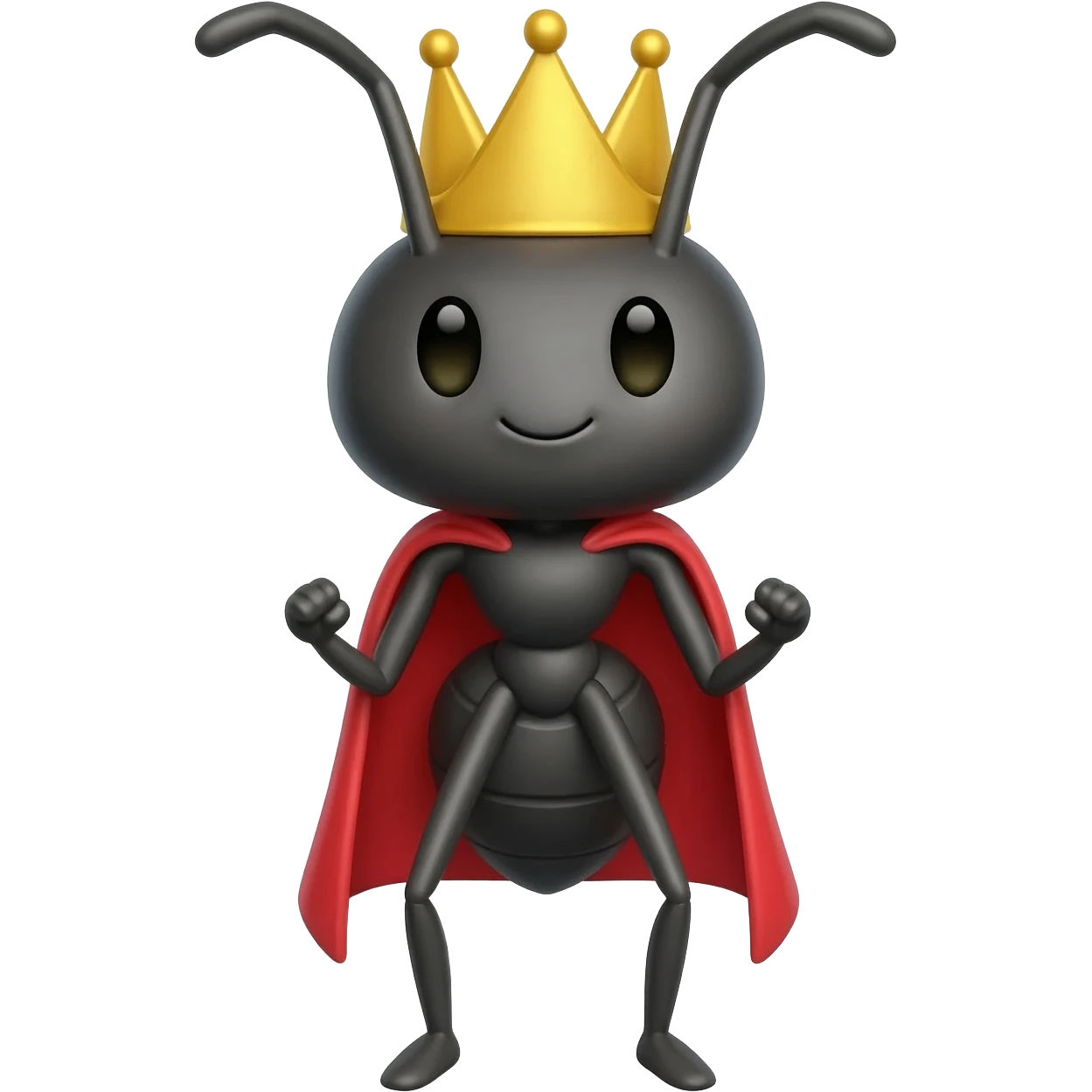 Ant with golden crown doing superhero pose, without cape, but with the minimal features of an ant emoji