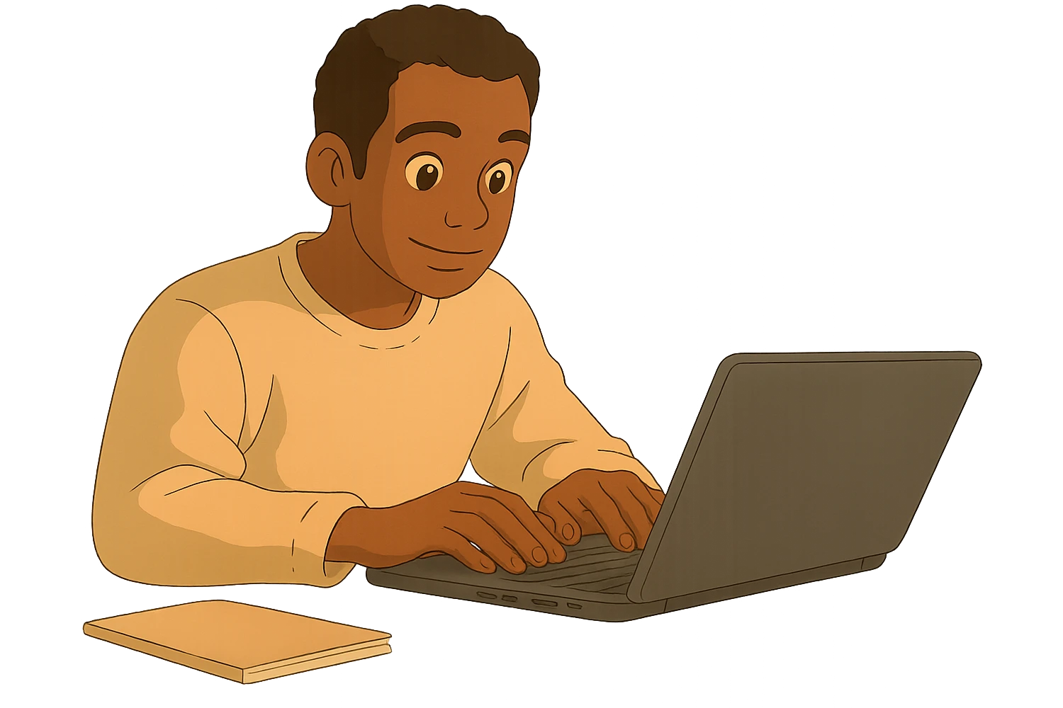Remove the background, leaving only the main character, his desk, and his computer in Ghibli style with a transparent background. emoji