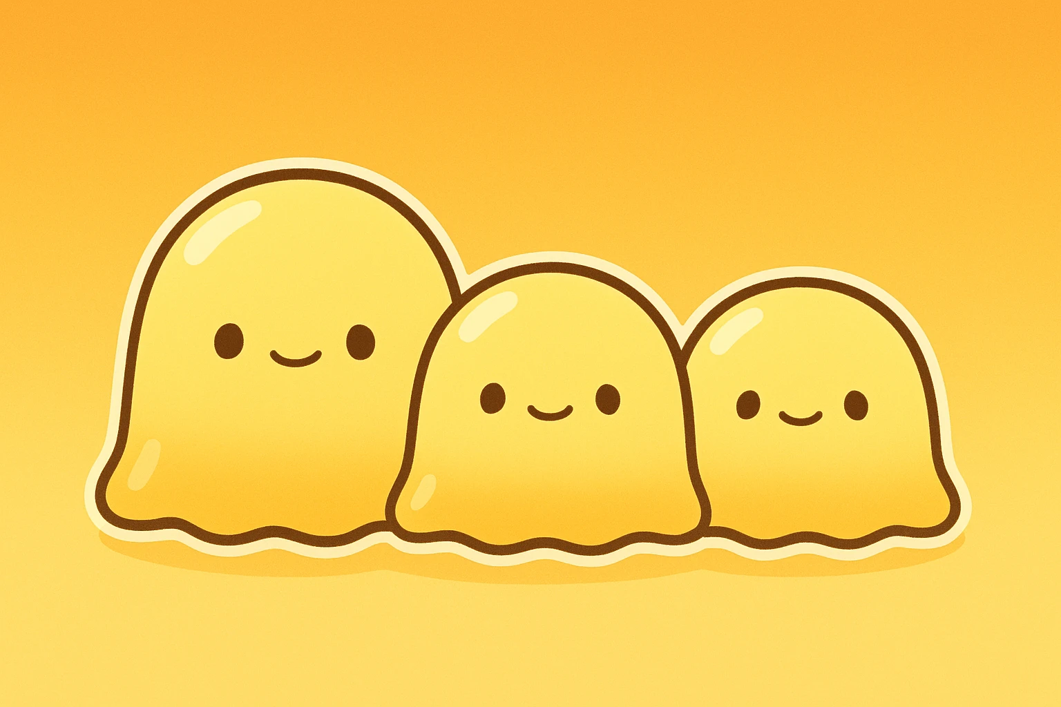 three cute yellow jelly-like creatures, minimalist style, with only black dot eyes, gently swaying and rocking, animation emoji style, yellow and orange gradient background, loop animation emoji